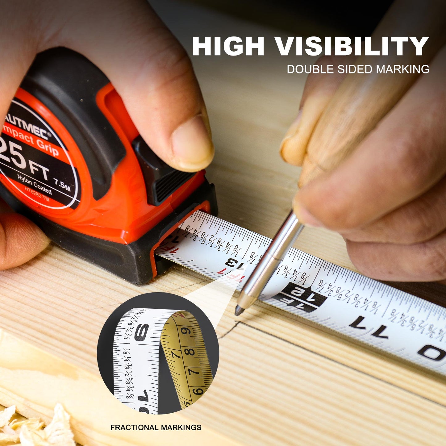 HAUTMEC Tape Measure 25Ft with Fraction 1/8,Double Side Metric and Inches Tape,Retractable Tape Measure,Magnetic Hook and Compact Case for Construction, Carpenter, Professionals HT0282-TM