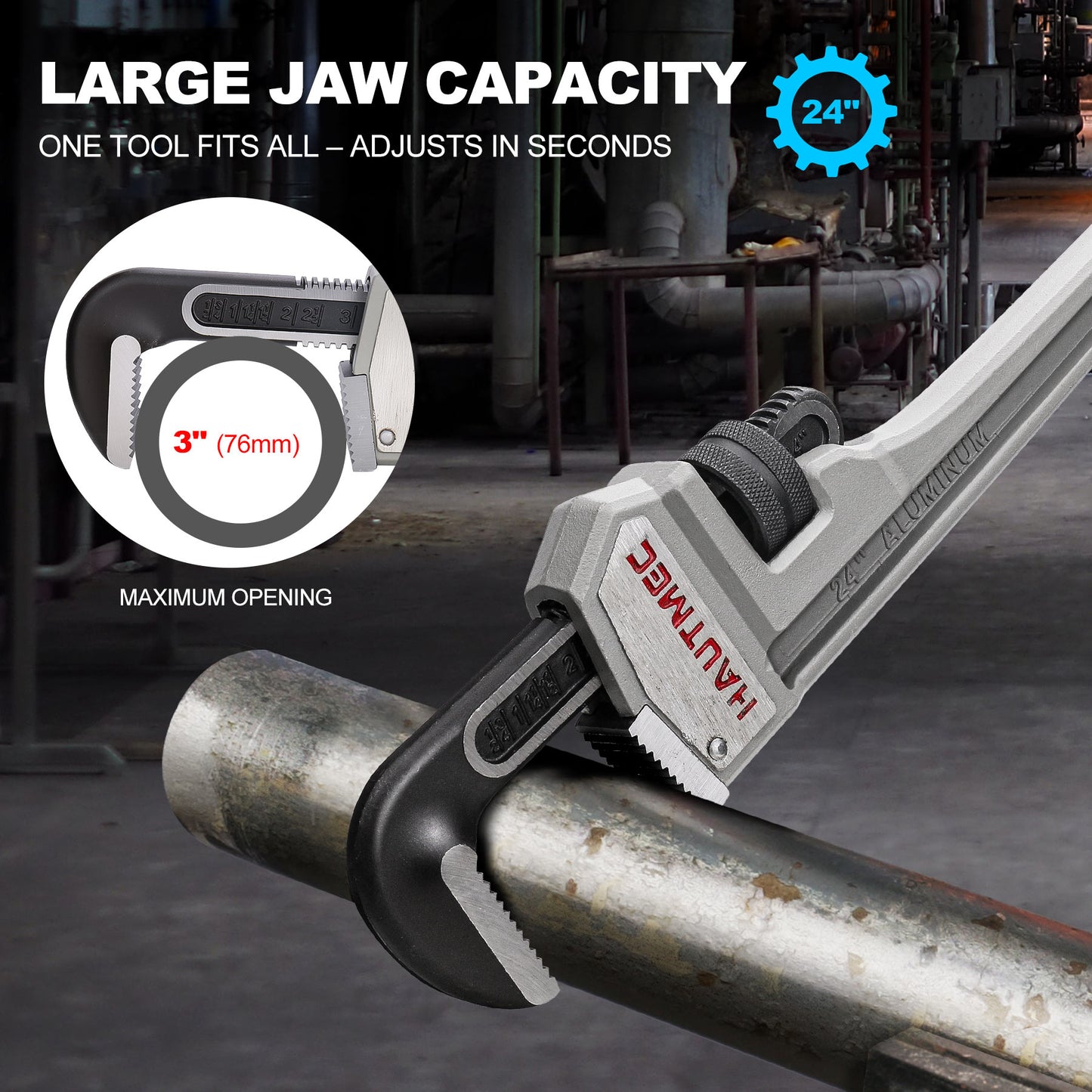 HAUTMEC 24 Inch Heavy Duty Aluminum Straight Pipe Wrench, Adjustable Plumbing Wrench, 3" Jaw Capacity, for Pipes, Tees, Ball Valves and Other Objects HT0187-PW