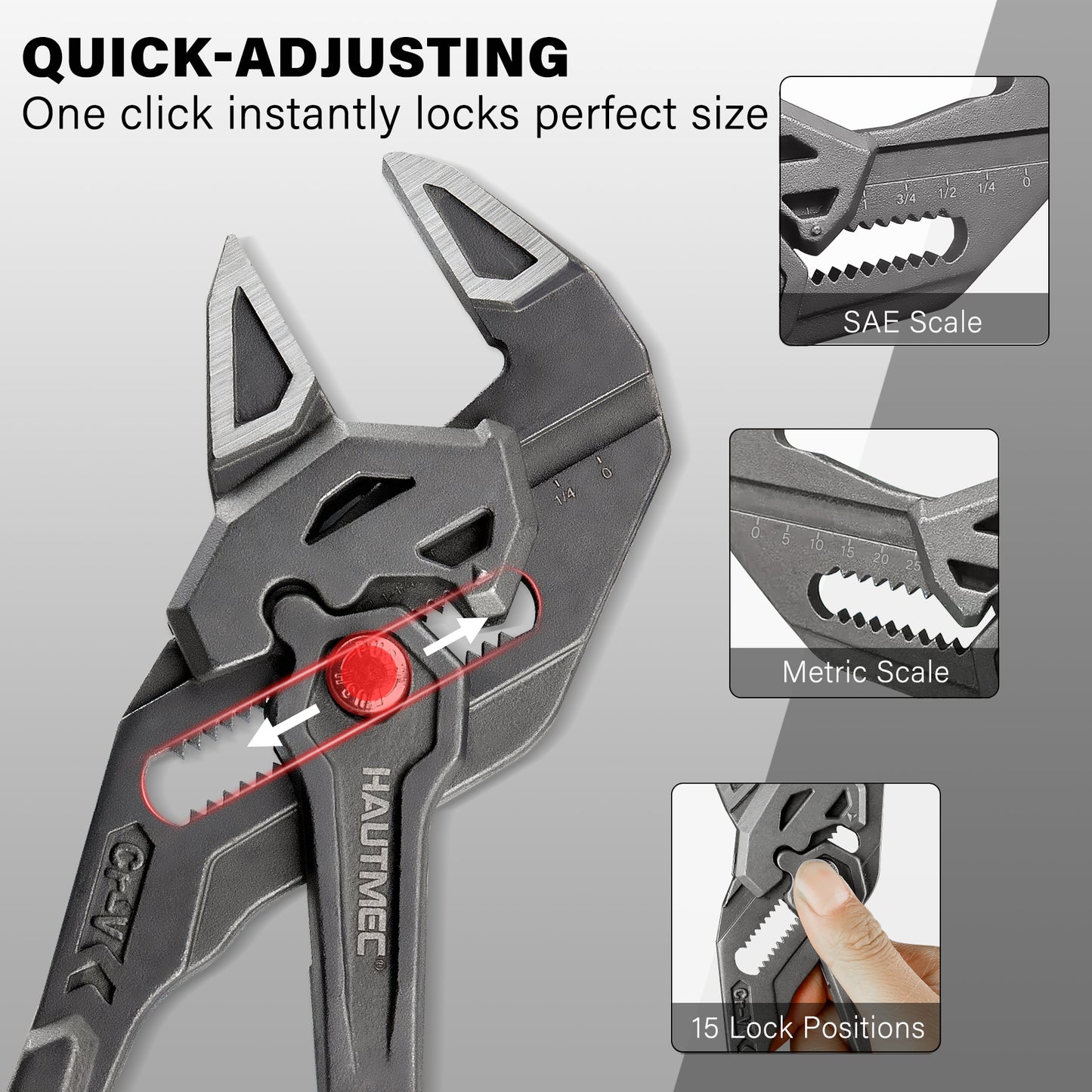HAUTMEC Adjustable Pliers Wrench, 7-Inch Smooth Jaw Parallel Pliers, Heat-Treated CR-V Steel & Phosphated Rust-Resistant, SAE/Metric Scale, Storage Belt Pouch for Professional Plumbing & DIY HTAWH25023