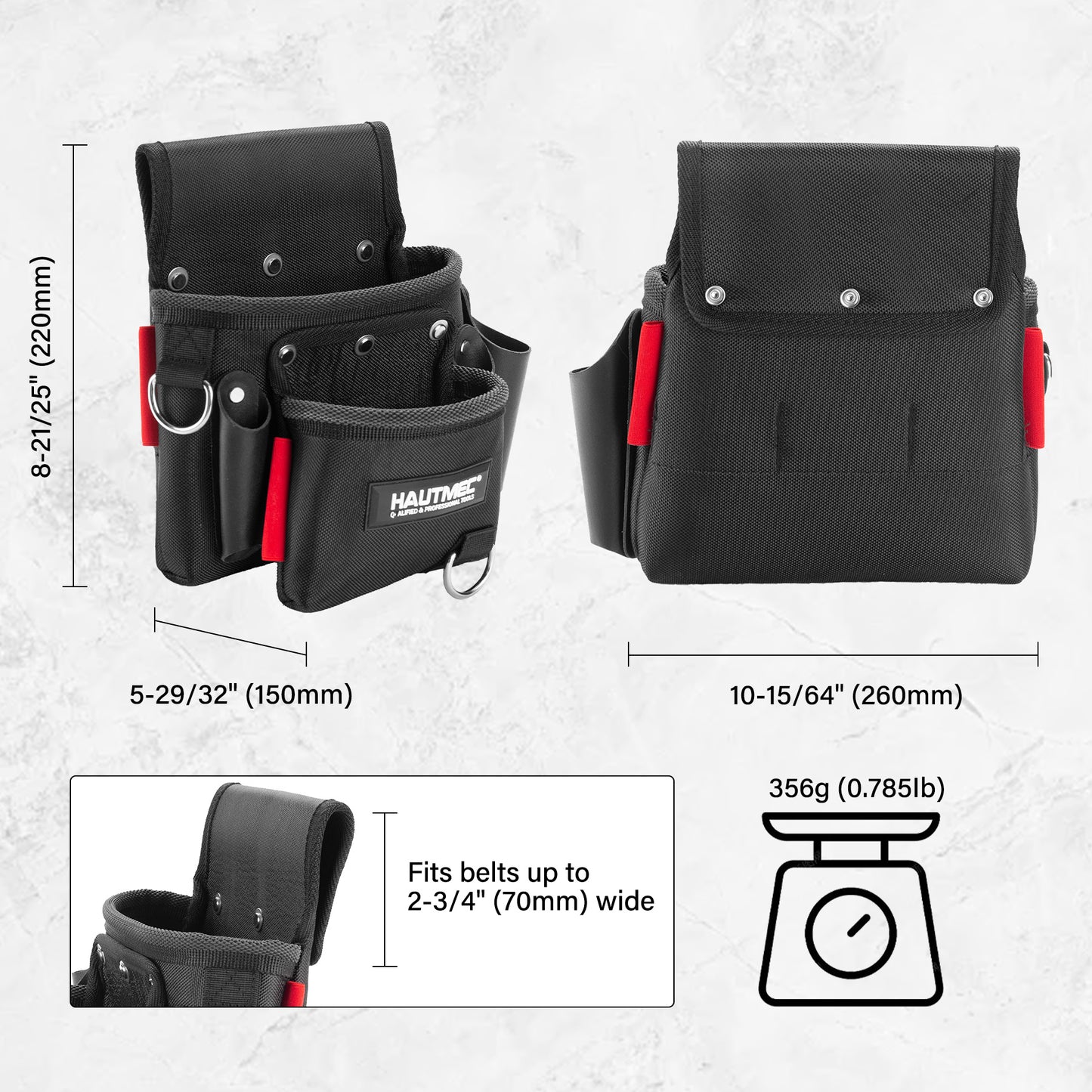 HAUTMEC Heavy-Duty Tool Belt Pouch, 1680D Polyester with Leather Pockets, EVA Reinforced Lining, Multi-Pocket Utility Pouch with Riveted Stress Points, Fits 2-3/4" Belts – HT0411