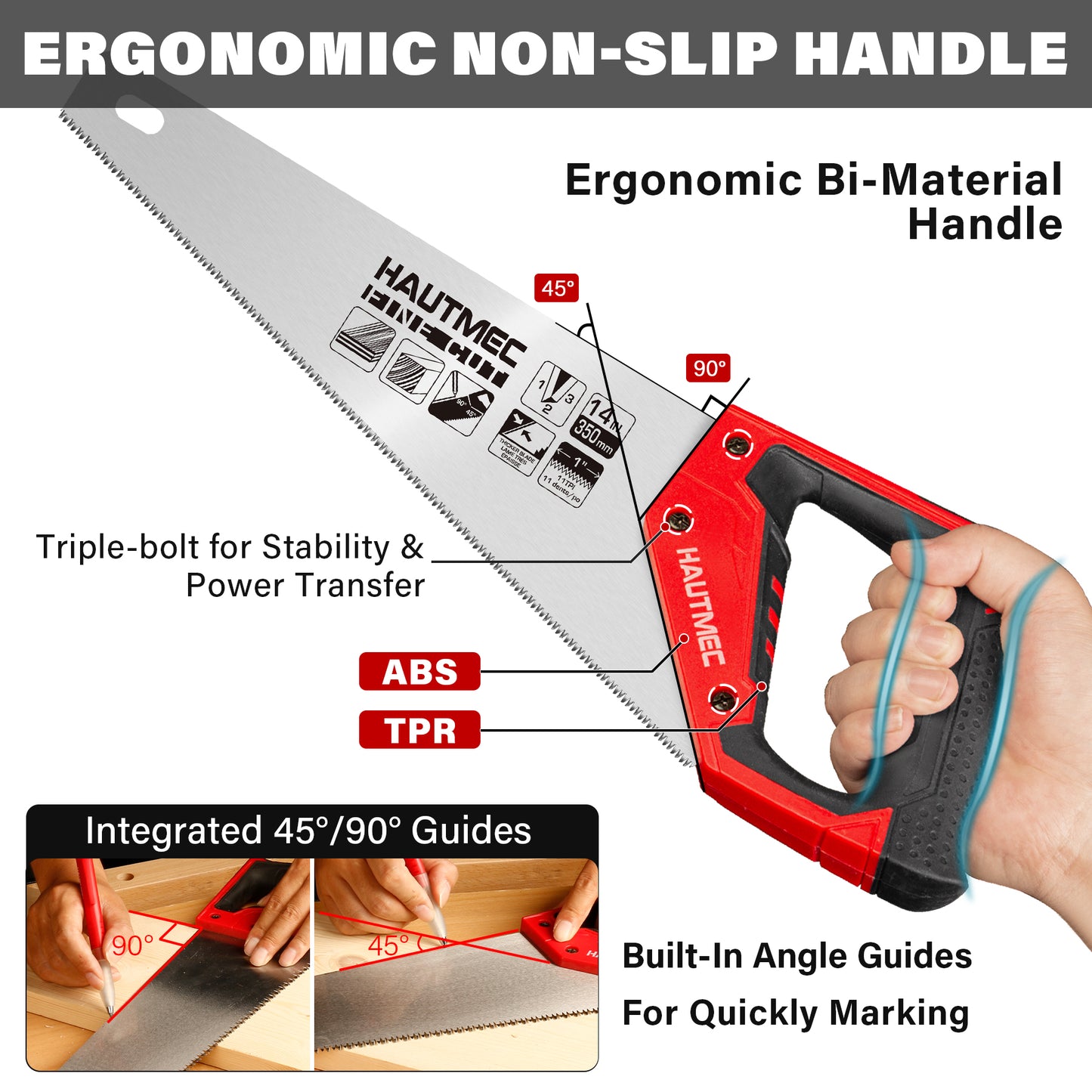 HAUTMEC 20 in. Pro Hand Saw, 8 TPI/9 PPI Universal-Cut Soft-Grip Hardpoint Handsaw HT0025-SA
