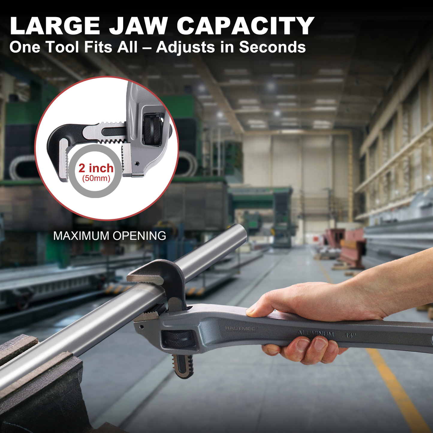 HAUTMEC 14 Inch Aluminum Offset Pipe Wrench, Heavy Duty Adjustable Plumbing Wrench, 2" Jaw Capacity, 40% Lighter Drop Forged Construction, for Use in Tight Spaces HT0189