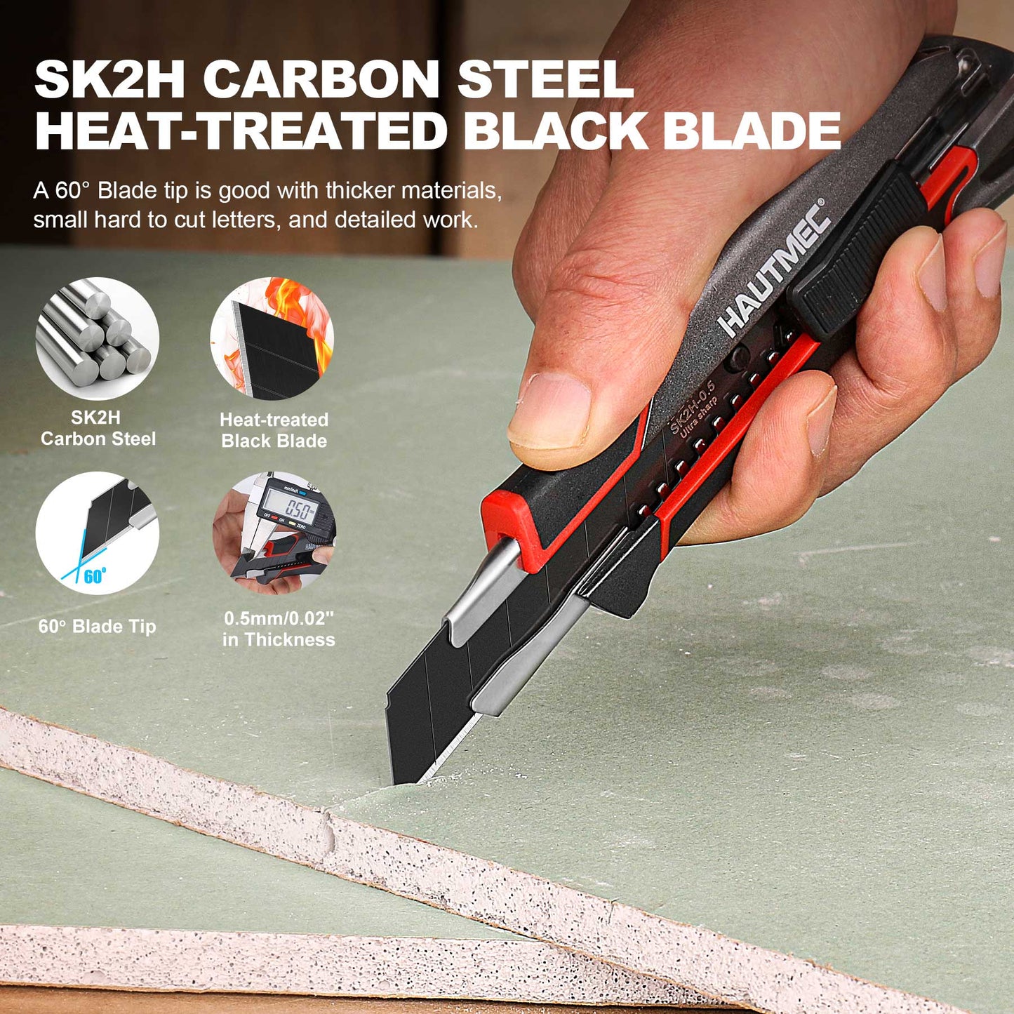 HAUTMEC Heavy Duty Utility Knife Box Cutter 18mm In Alluminum Alloy Shell, with Extra Ultra Sharp Black Sk2H 10 Blades in Safety Dispenser, Retractable and Auto-lock, HT0413-KN