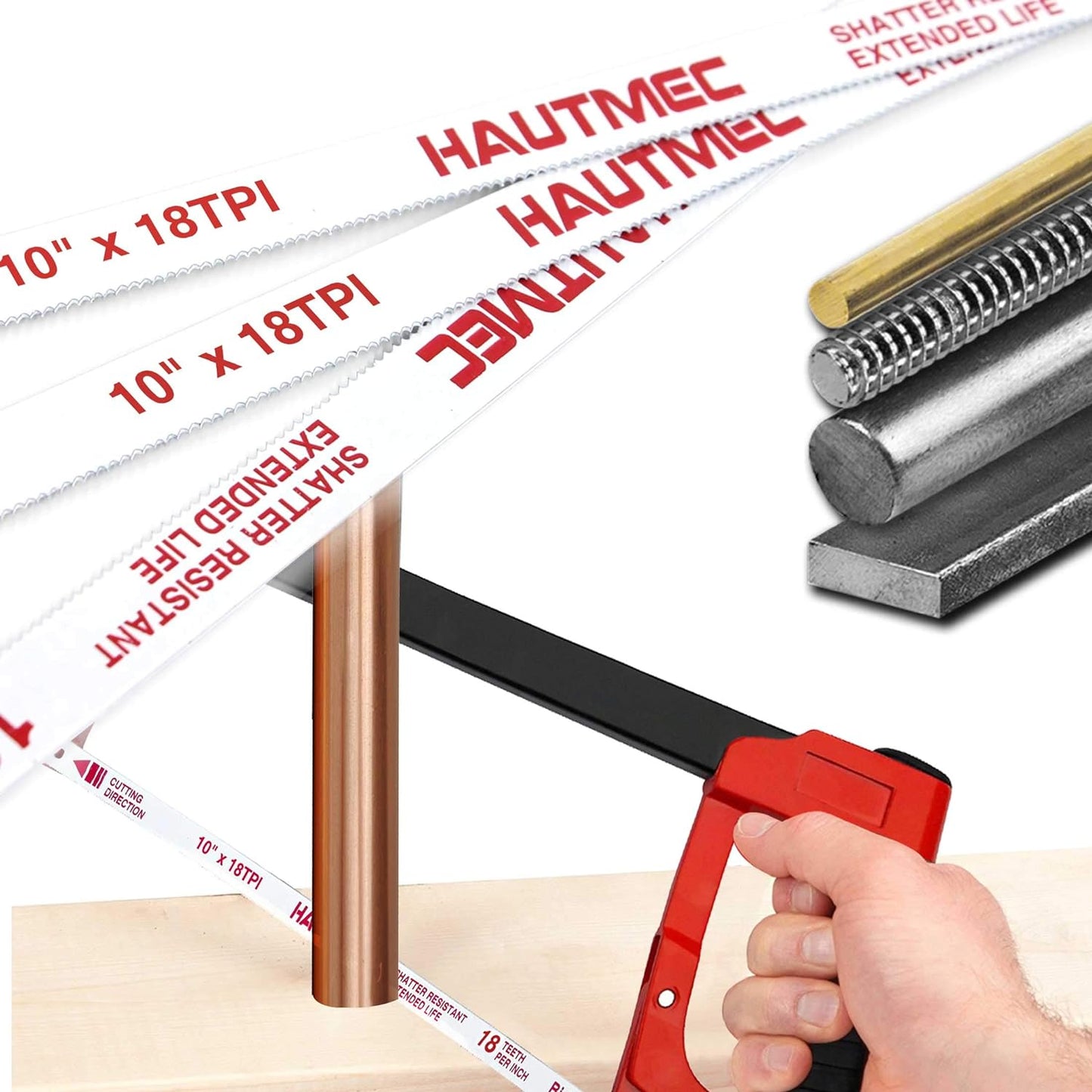 HAUTMEC 10" Hacksaw Blades Replacement Bi-Metal 18 TPI High Speed Steel Grounded Teeth, 2 Pack, HT0119-2PC