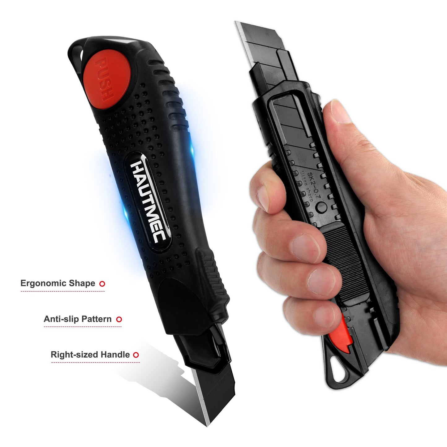 HAUTMEC Pro 18mm Black Auto-Lock Utility Knife Set Including 10pcs Ultra Sharp Black Snap-off Blades in Case, HT0094-KN