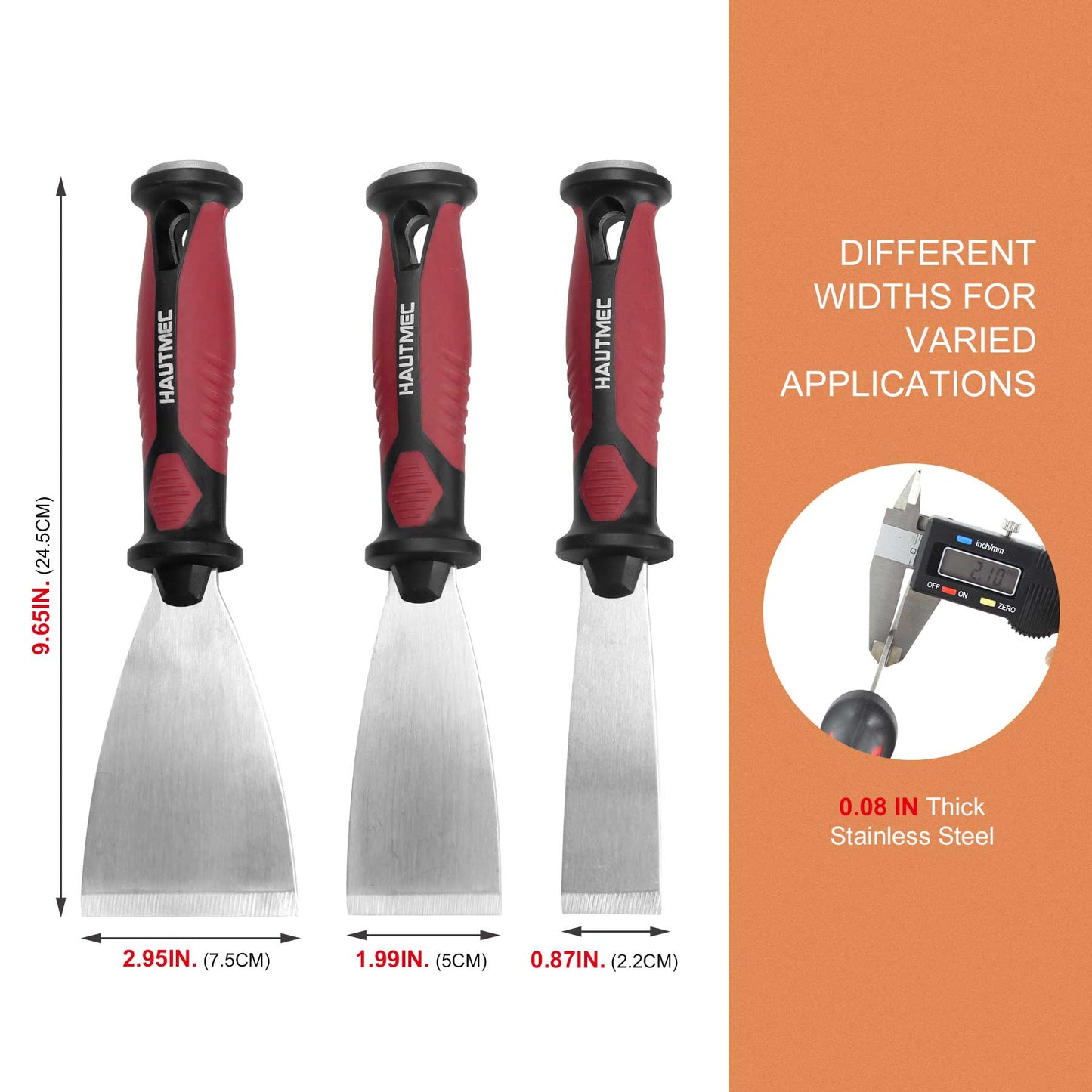 HAUTMEC 3pc Putty Knife Set, 1.25 in - 2 in - 3 in Paint Scraper, Flat Heavy Duty Stainless Steel Blade and Hammer End for Removing Wallpaper for Puttying Plaster, Cement HT0062-PT