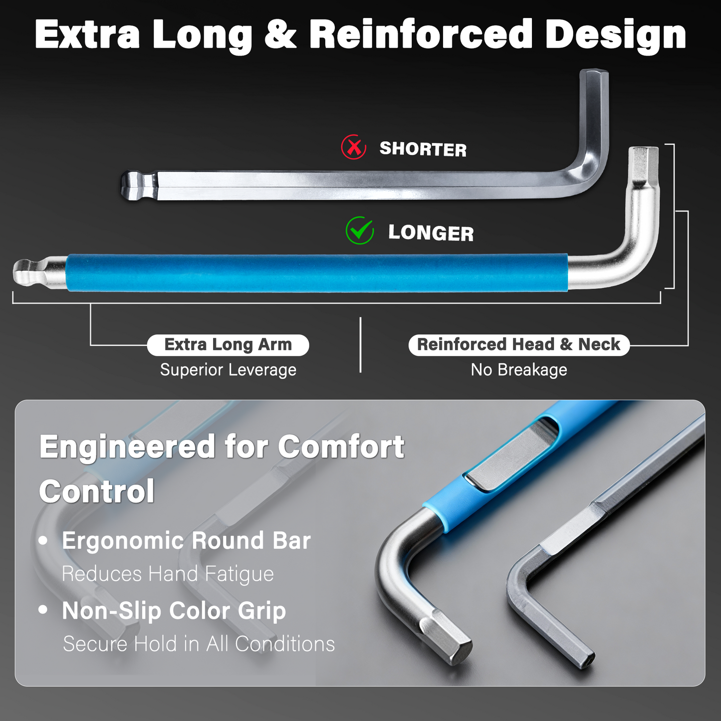 HAUTMEC Allen Wrenches Sets with Ball End, 9PCS Extra Long Arm Hex Key Set,  Heavy-Duty S2 Steel Pro Allen Key Set, 1/16" to 3/8", Color Coded Sleeve with Belt Loop Pouch for Professional Mechanics HTHKP25055