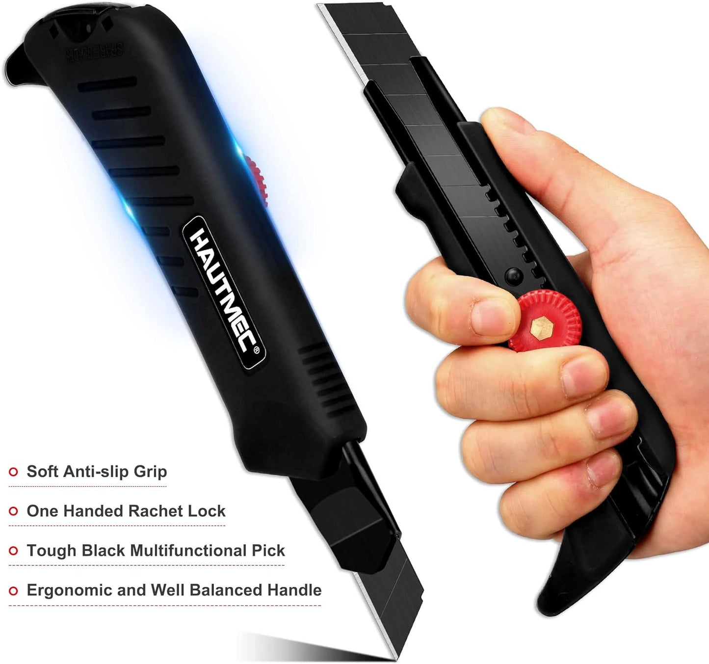 HAUTMEC 18mm Heavy Duty Utility Knife with Multi-Pick and 10pcs Blade set, Snap Off Ultra-Sharp Black Retractable Box Cutter, Ratchet & Soft-grip Cutter HT0249-KN
