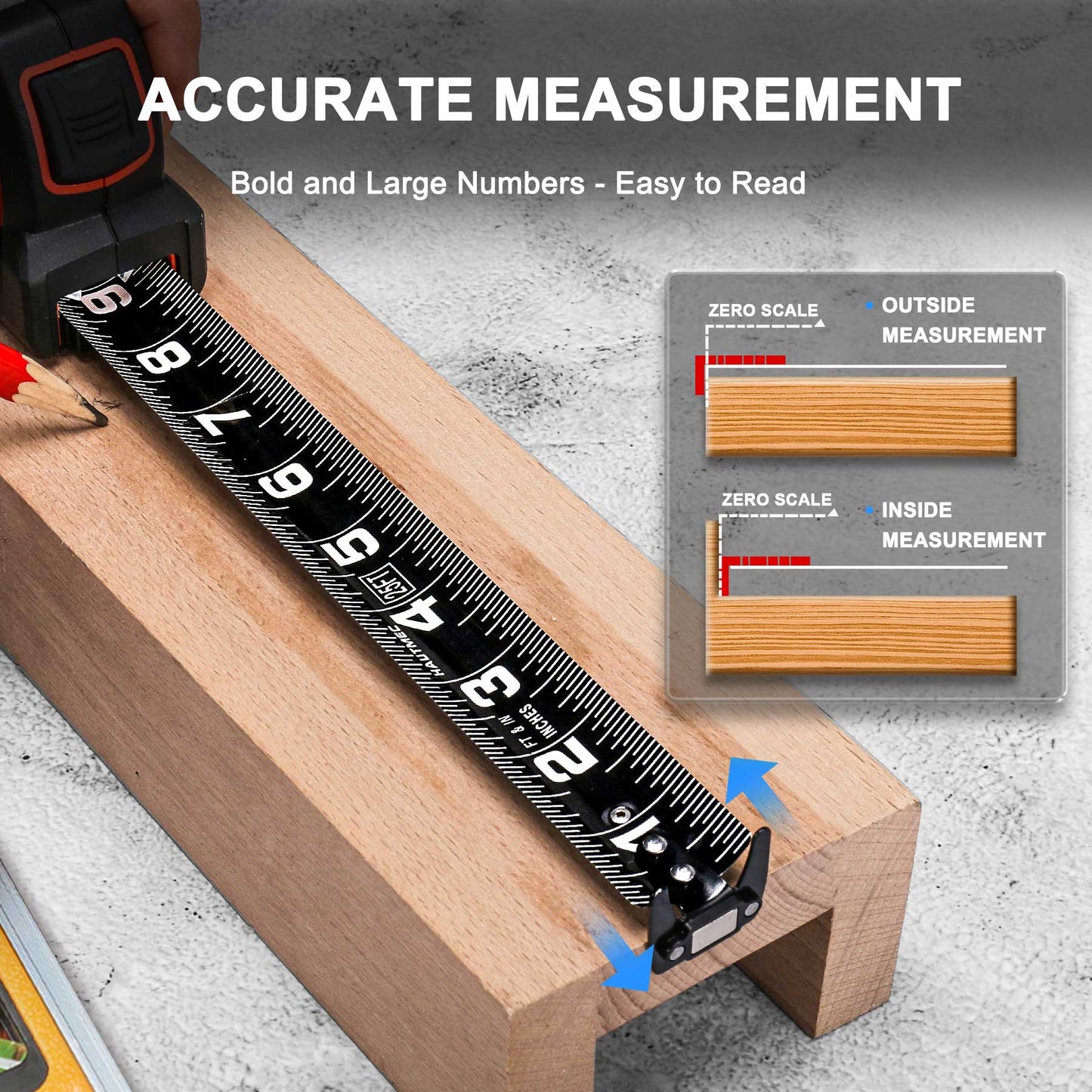 HAUTMEC 25Ft (7.5m) Heavy Duty AutoLock Black Tape Measure, 1 1/4" Wide Black Rigid Blade, Dual Sided Rule Print for Construction, Carpenter, Professionals HT0283-TM