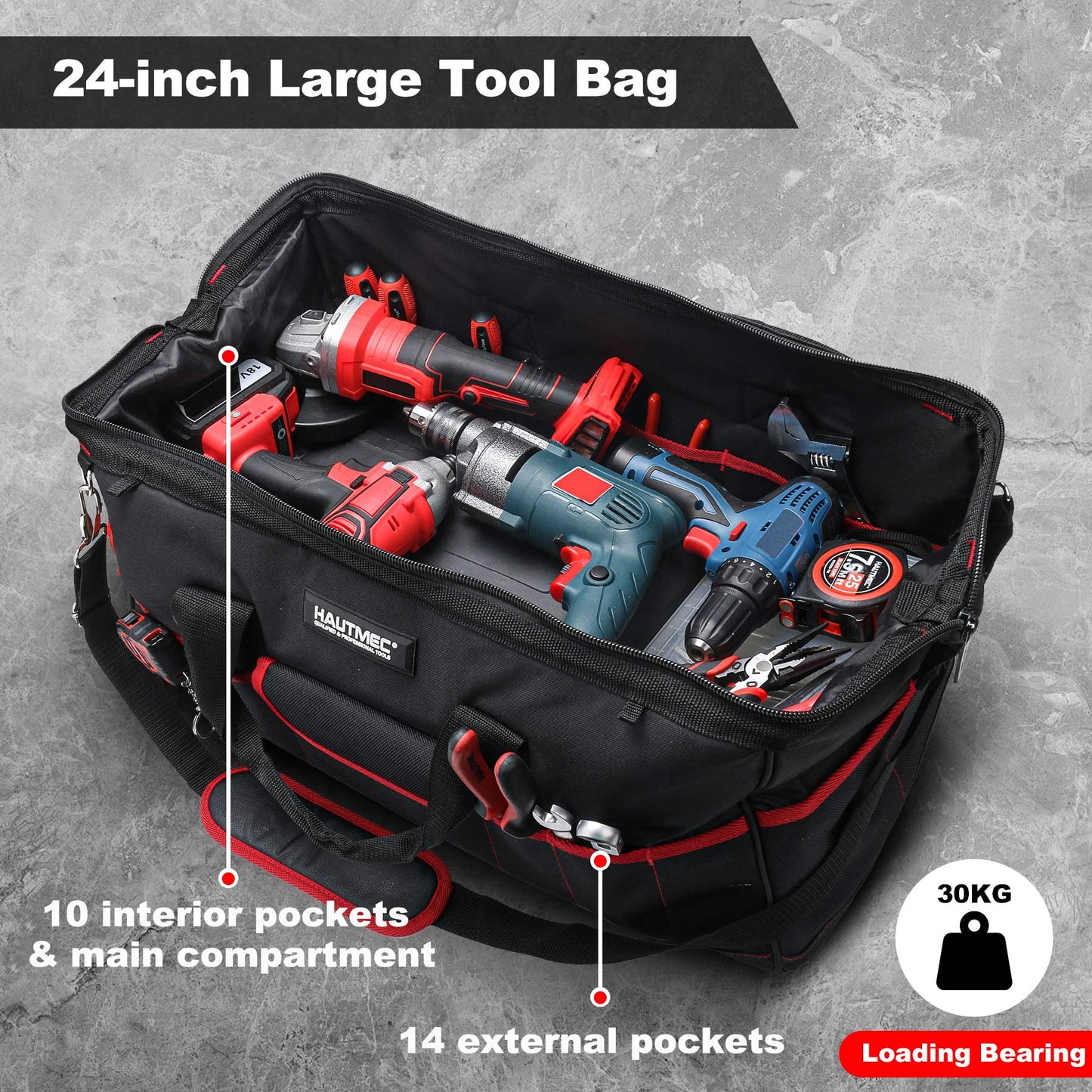 HAUTMEC 3PCS Wide Mouth Tool Bags Set, Heavy Duty Tool Bag with Large Capacity and Waterproof Base,12-inch Small Tool Bag,18-inch Medium Toolbag,24-inch Large Tool Storage Bag for Construction HT0297