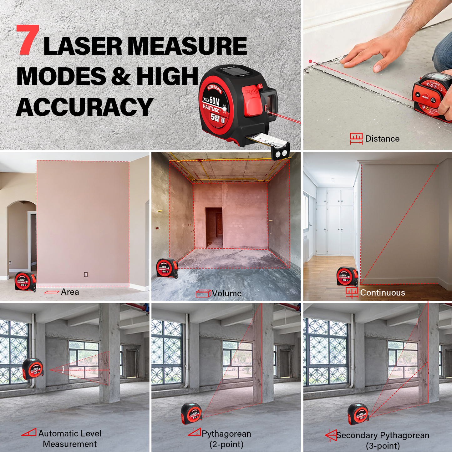 HAUTMEC 2 in 1 Digital Laser Tape Measure, 197ft/60m Digital Measuring Tape & 16ft/5m Auto Lock Tape Measure, Support to Pythagorean, Area, Volume Rechargeable, for Construction 25048