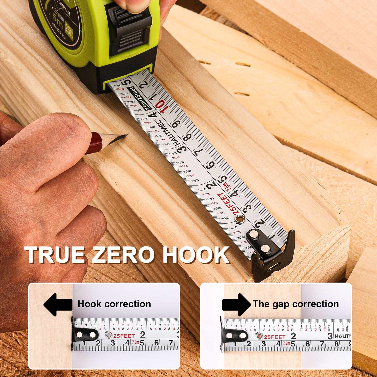 HAUTMEC 25Ft Tape Measure 2PC with Fractions 1/8,Multi-Catch Hook Retractable Measuring Tools,Heavy Duty Green Compact Case for Construction, Carpenter, Professionals HT0325-2PC
