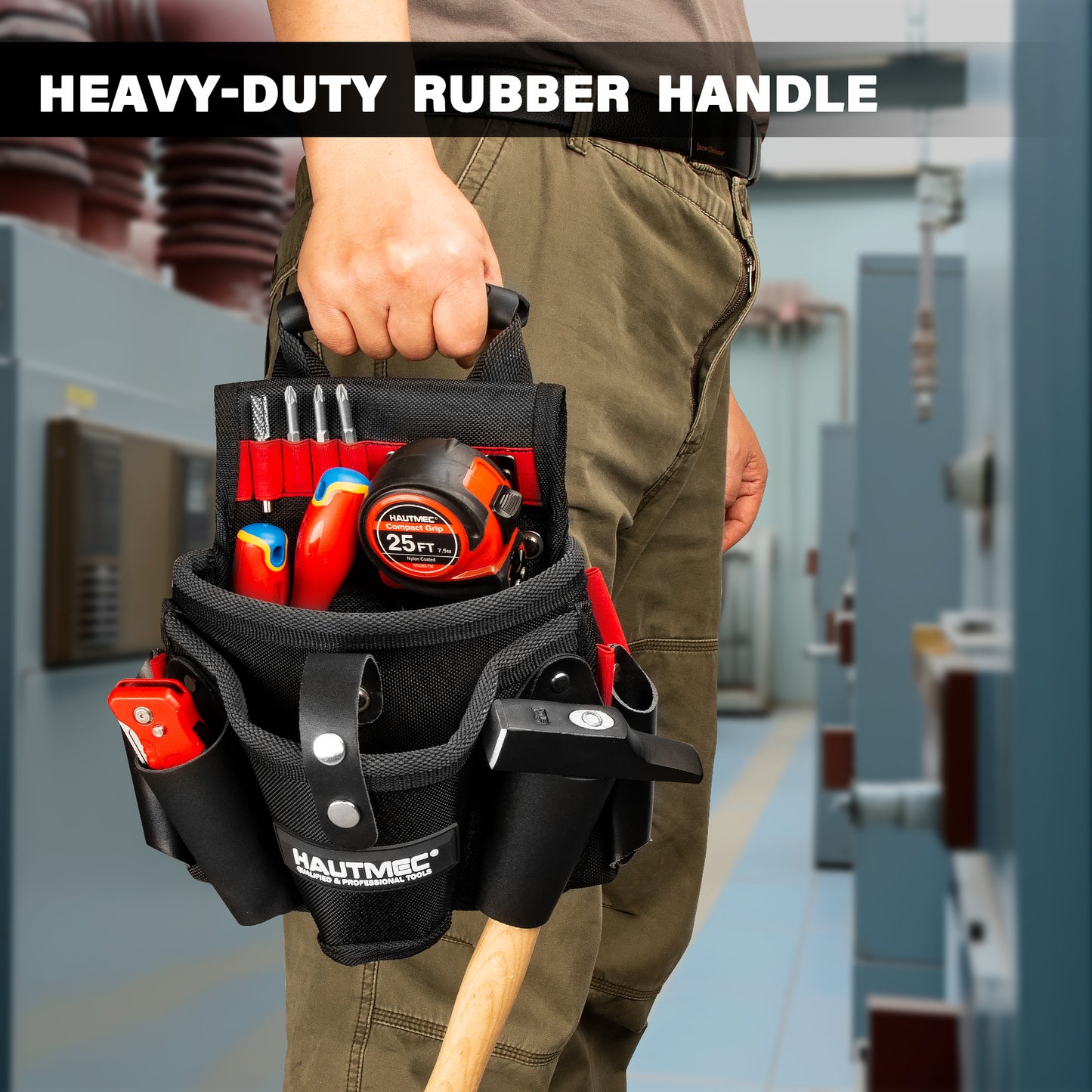 HAUTMEC Heavy-Duty Tool Pouch with Drill Holster, 1680D Tool Bag for Belt with Rubber Handle, 2 Main Compartments, 4 Leather Pockets, 11 Elastic Loops, Tape Measure Holder  – HT0410