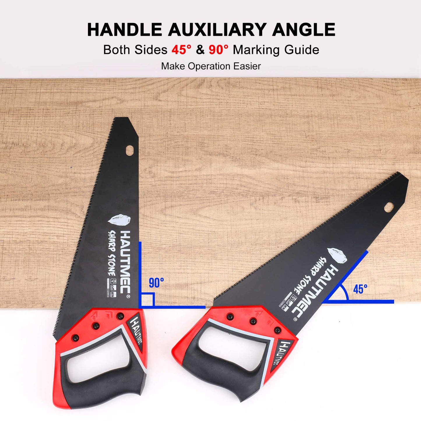 HAUTMEC 14" Pro Hand Saw, SK5 Steel Blade with Black Coated, 11 TPI Fine Cuts, Ergonomic Handle with Two Angles Marking Guide for Wood, Laminate,Branches, PVC, Sharp Stone Series, HT0301-WS