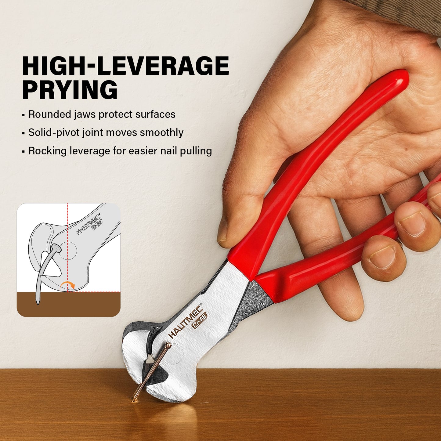 HAUTMEC 7 Inch Nail Puller Pliers Tool, CR-Ni Steel End Cutting Pliers with Non-Slip Grip, Nail Remover Tool with Polished Finish, End Cutting Nippers Tool for Pulling Nails and Wires HT0158-CP