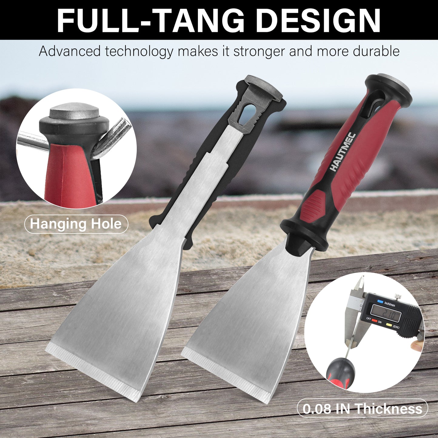 HAUTMEC Putty Knife 4 PC Set, 1.25",2",3" Paint Scraper & 3" 8-in-1 Paint Stripper, Heavy Duty Stainless Steel Blade and Hammer End for Removing Wallpaper, Plaster, Cement HTPSH25060