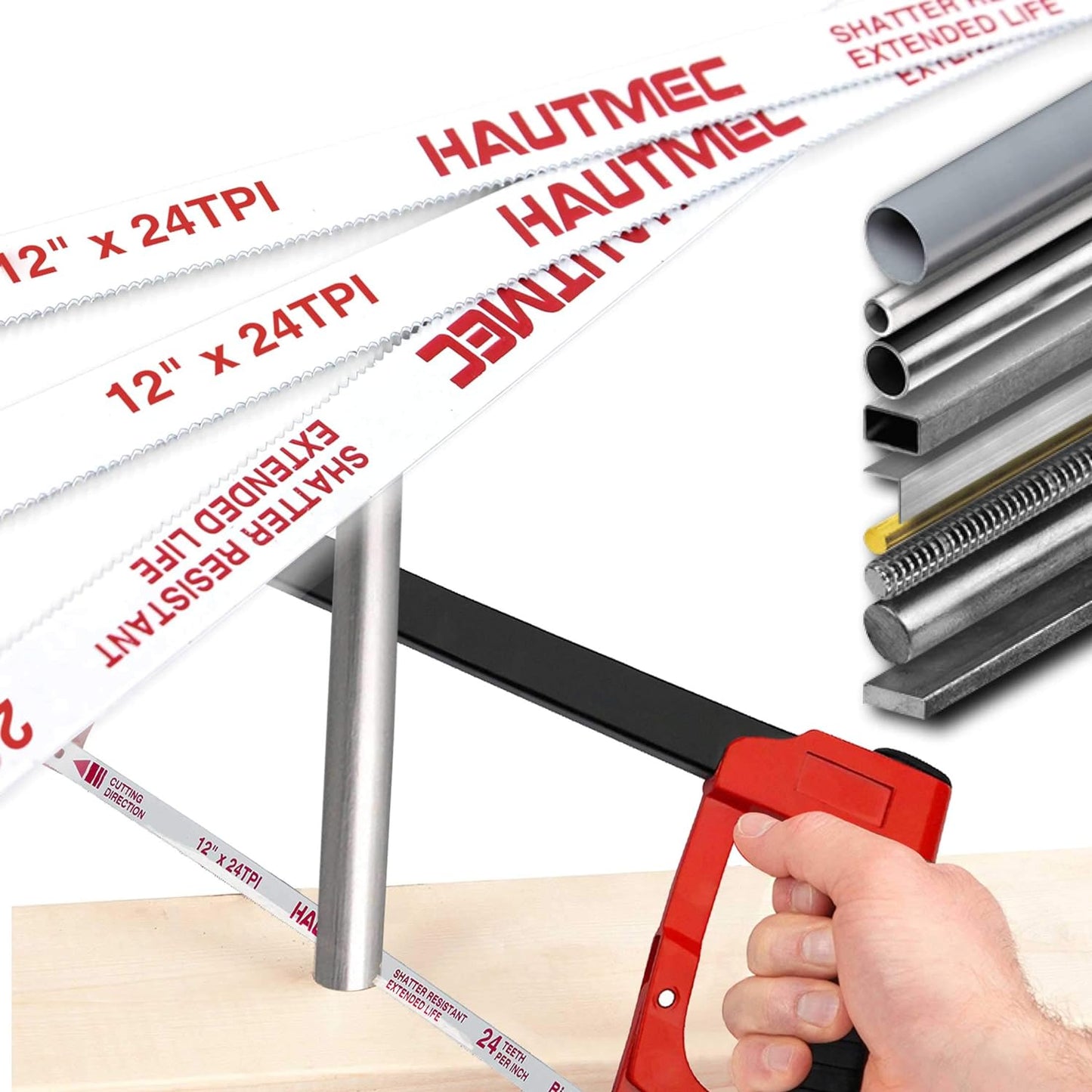 HAUTMEC 12" Hacksaw Blades Replacement Bi-Metal 24 TPI High Speed Steel Grounded Teeth, 2 Pack, HT0017-2PC