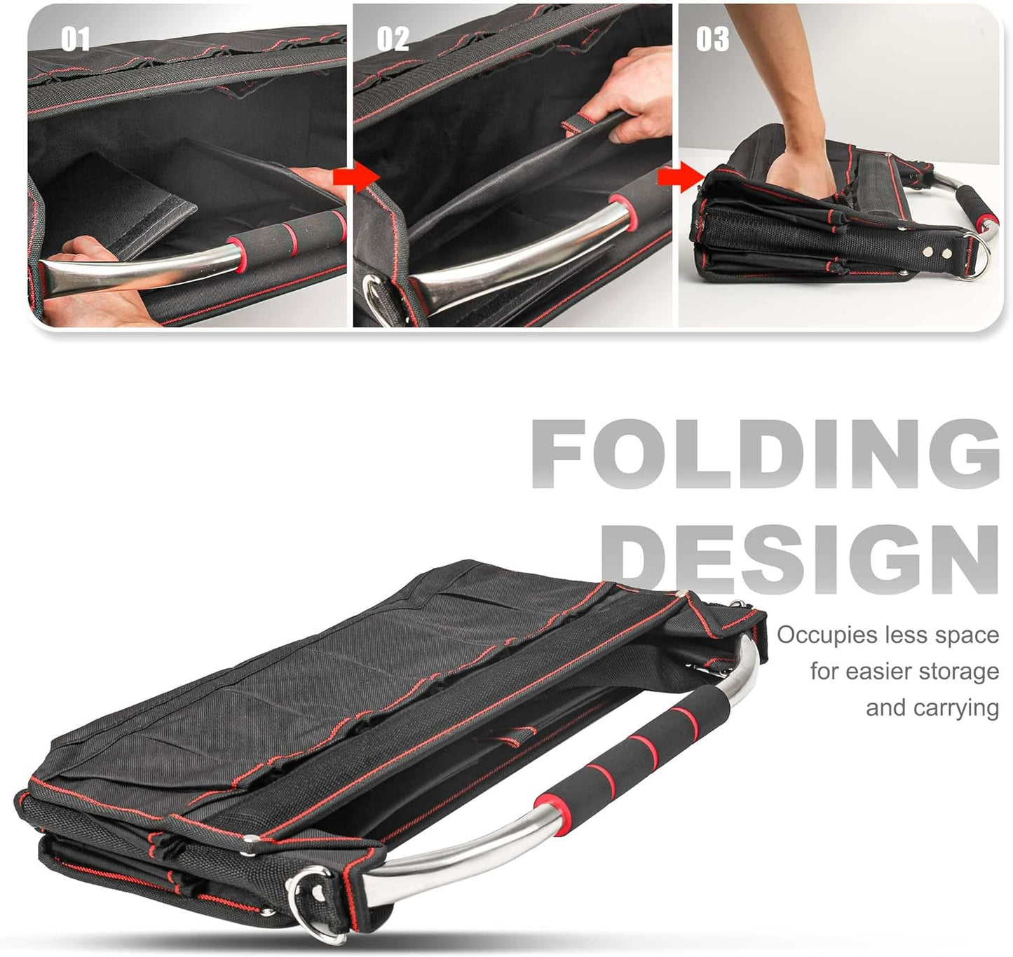 HAUTMEC Pro Foldable Open Top Tote Bag, 18-Inch 27 Pocket Tool Bag, Removable Shoulder Strap, Wide Mouth Heavy Duty Electrician Tool Bin for Tool Organization and Storage HT0020-TB