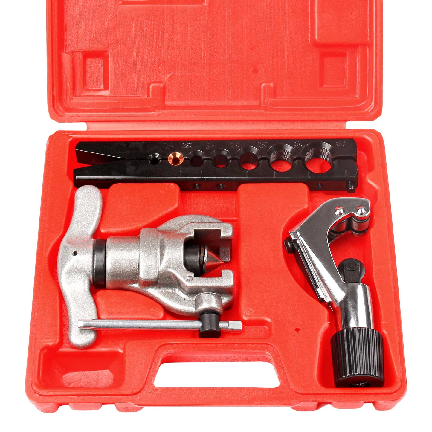 HAUTMEC Eccentric Tube Flaring Tools Set,Heavy Duty Tubing Pipe 7 Dies 3/16"-3/4" 45 Degree Angle Cone Type Kit With 1/8"-1-1/8" Tube Cutter for Copper,Aluminum and Mild Steel HT0005-PL