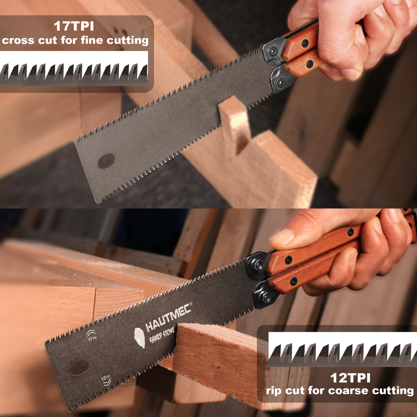 HAUTMEC 6-Inch Japanese Pull Saw, Double-Edged Folding Hand Saw with SK5 Flexible Blade (12/17 TPI), Beech Handle, Flush Cut Woodworking Tool with Portable Drawstring Pouch – HT0446