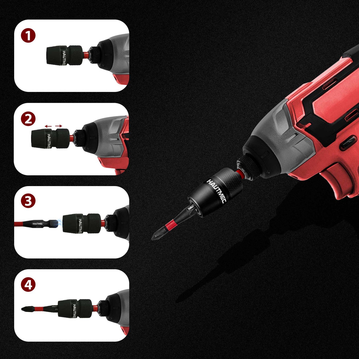 HAUTMEC 1/4 Inch Impact Tough Quick Change Bit Holder - One Touch Mechanism for Quick Release for Screwdriver Bits Nuts Drills Maintenance and repairing HT0162-SH
