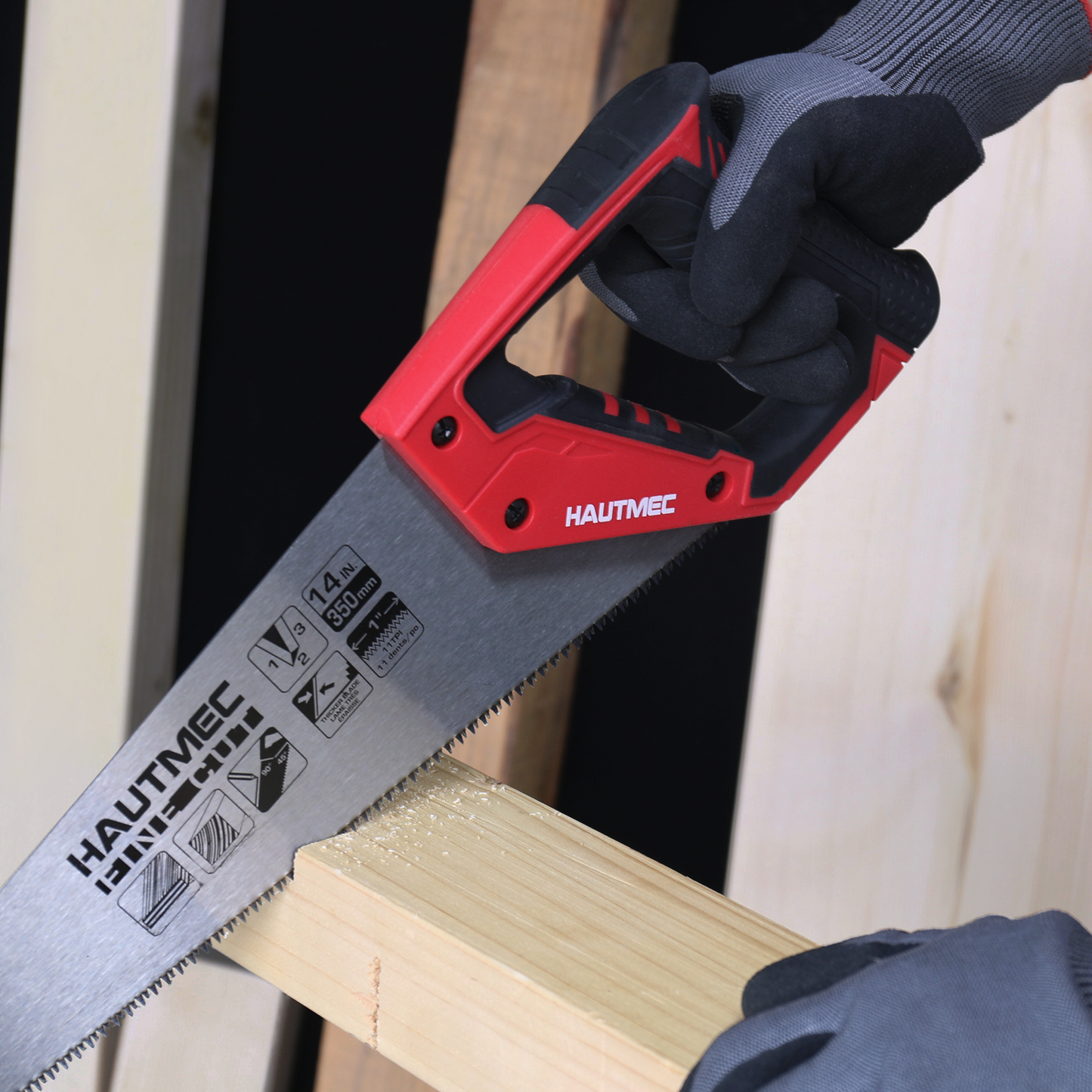 HAUTMEC 14 in. Universal Hand Saw - 11 TPI Fine Cuts Wood Saw - Professional Universal Saws for Wood, Laminate And Plastic - Crosscut Saw, HT0024