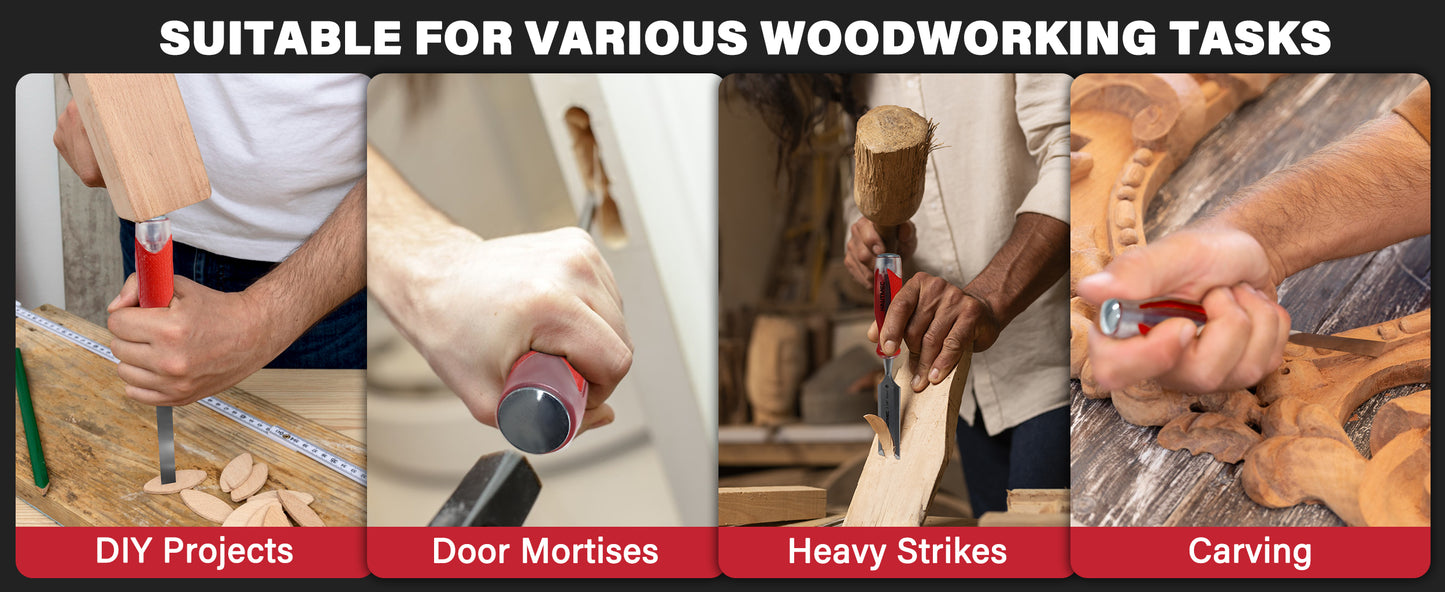 HAUTMEC 5 Piece Wood Chisel Set for Woodworking & Carving. Drop-Forged CR-V Steel Beveled Edge Blades with Ergonomic Non-Slip Handles and Heavy-Duty Strike Caps– HT0365