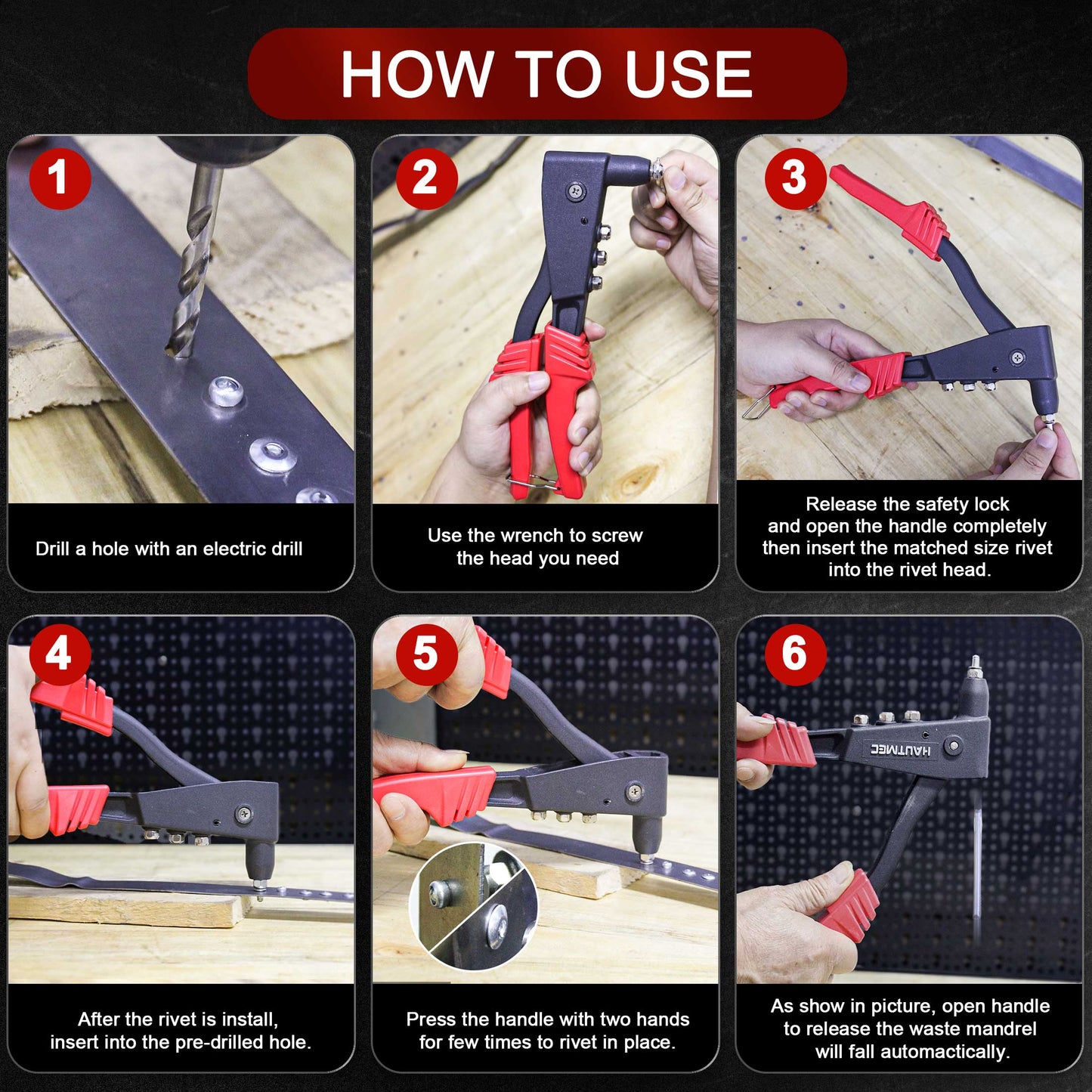 HAUTMEC Heavy Duty Rivet Gun,Pop Rivet Gun with 4 Interchangeable Rivet Heads,Durable Hand Riveter for Plastic, Metal, Leather, Wood HT0125-HR