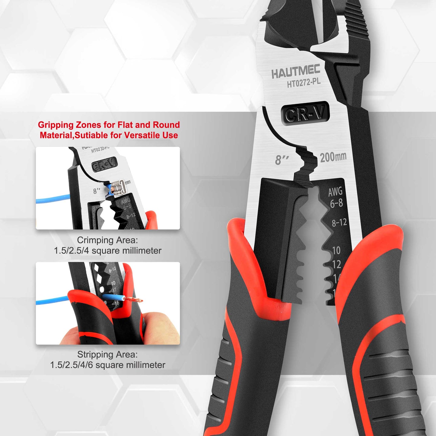 HAUTMEC 8" Wire Cutters,Pro-High Leverage Diagonal Pliers,4 in 1 Multifunction Heavy Duty Side Cutter HT0272-PL