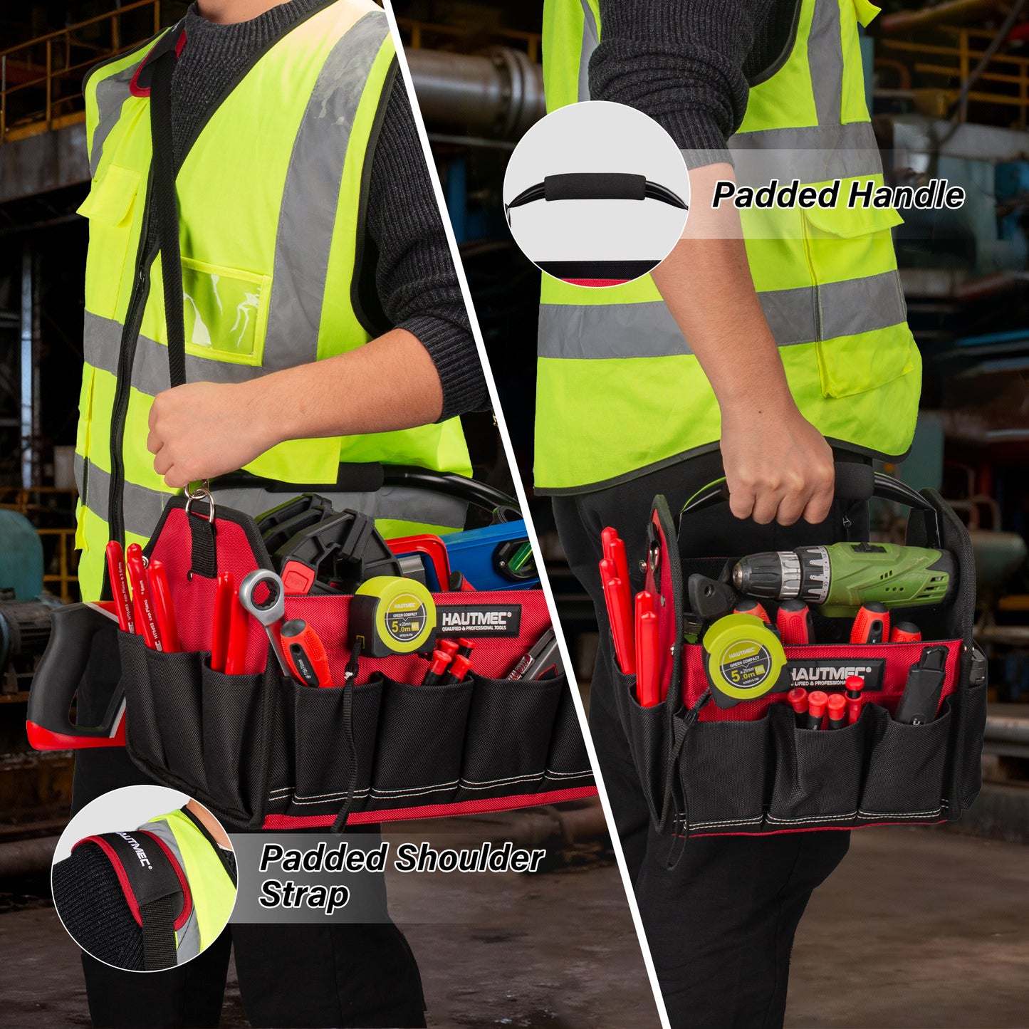 HAUTMEC 3PCS Heavy Duty Tool Tote Bag Set, 1680D Rigid Frame Tool Bags with Foldable Handle & Padded Shoulder Strap, Water-Resistant Hard Base, Multi-Pocket Tool Box Organizer – HTTBH25052