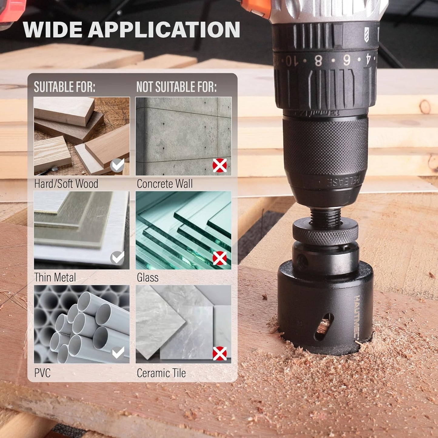 HAUTMEC 21-Piece Bi-Metal Hole Saw Kit, 3/4″–4-3/4″ (19–121mm), Heavy-Duty HSS Blades with 2 Arbors, 4 Drill Bits, Hex Key & Storage Case for Wood, Drywall, PVC & Thin Metal – HTHOH25013