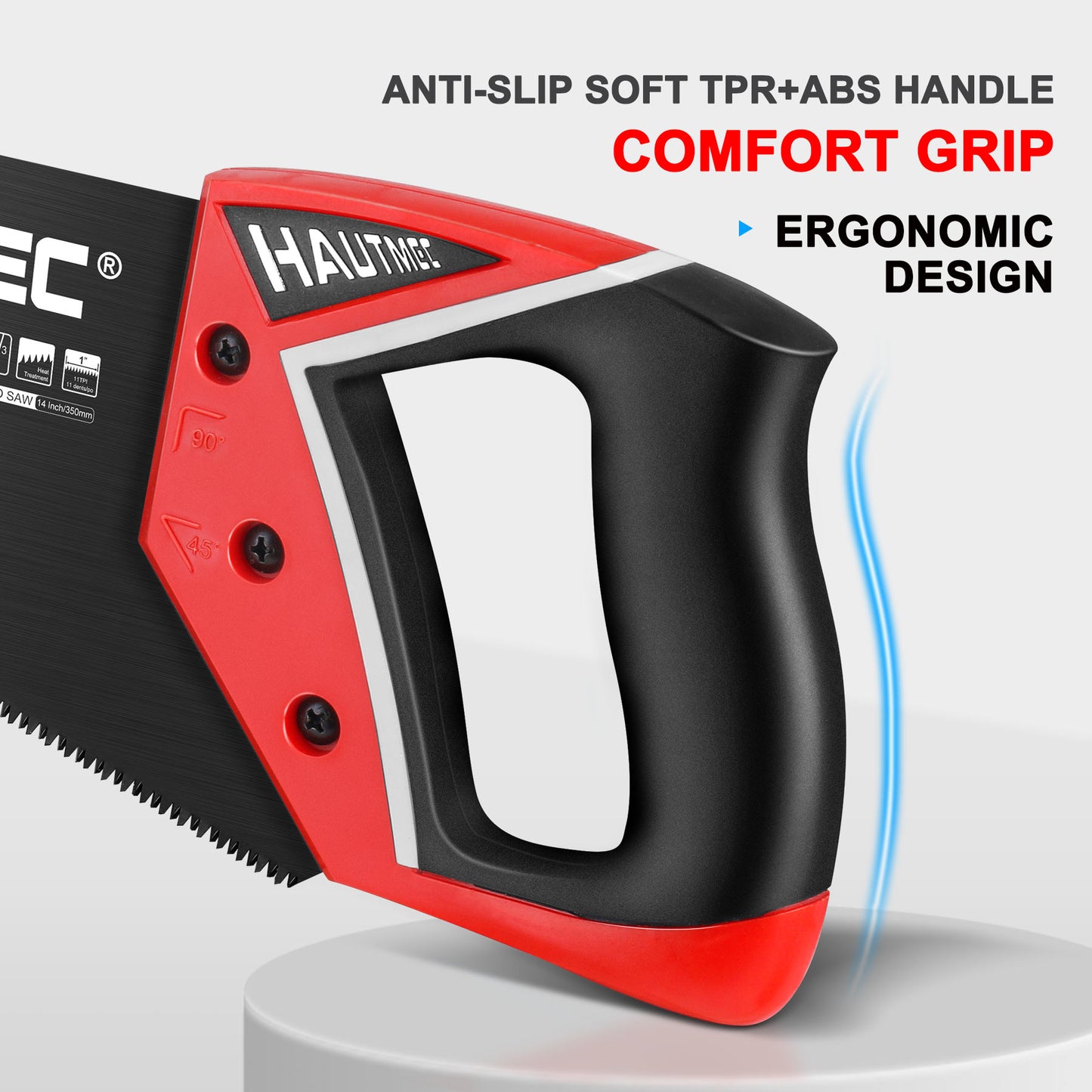 HAUTMEC 14" Pro Hand Saw, SK5 Steel Blade with Black Coated, 11 TPI Fine Cuts, Ergonomic Handle with Two Angles Marking Guide for Wood, Laminate,Branches, PVC, Sharp Stone Series, HT0301-WS