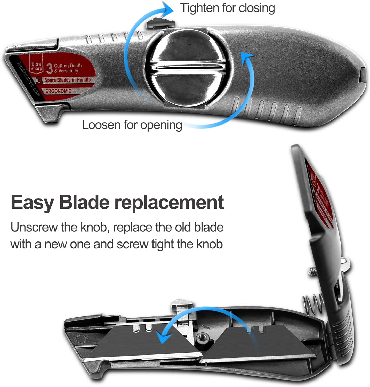 HAUTMEC Heavy-Duty Retractable Utility Knife, one-piece 3 Position Fixed Blade Box Cutter, Aluminum Alloy Shell with 3 extra blades HT0247-KN