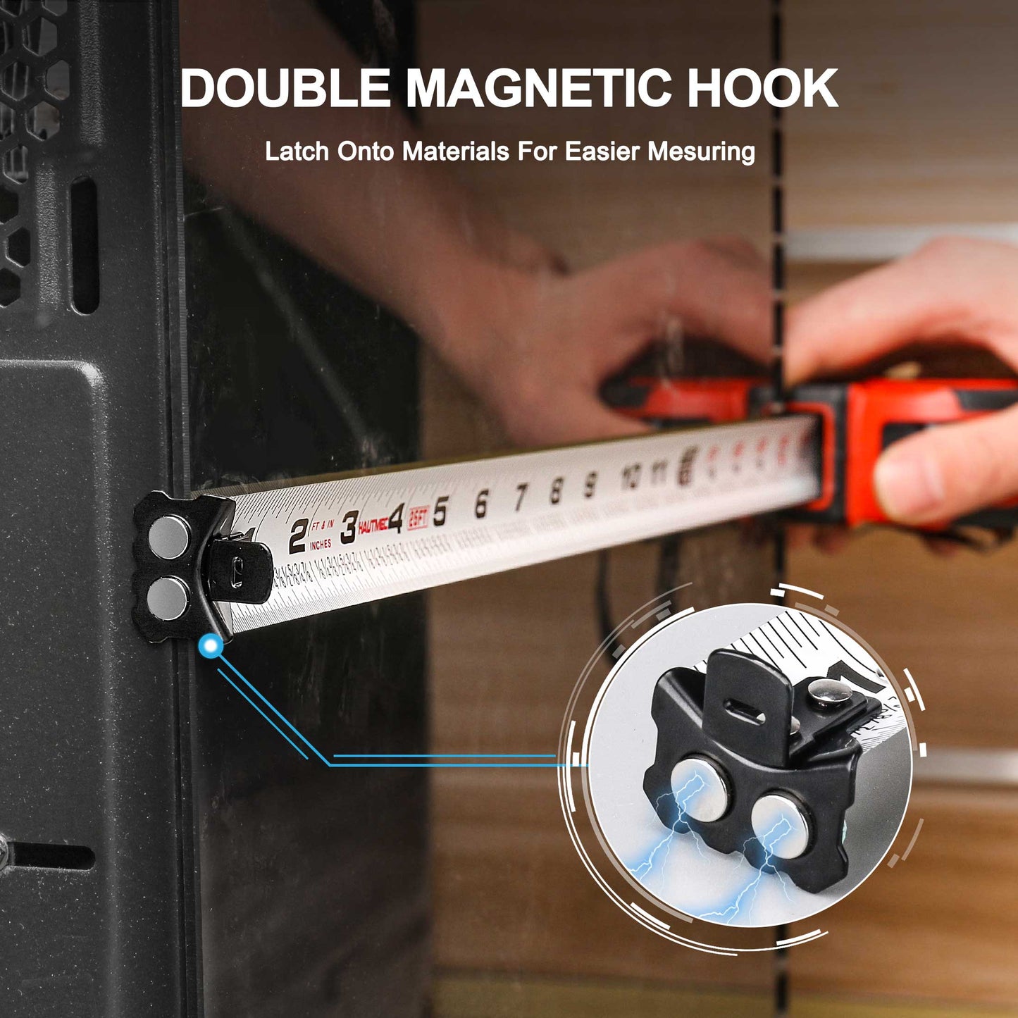 HAUTMEC Tape Measure 25Ft with Fraction 1/8,Double Side Metric and Inches Tape,Retractable Tape Measure,Magnetic Hook and Compact Case for Construction, Carpenter, Professionals HT0282-TM