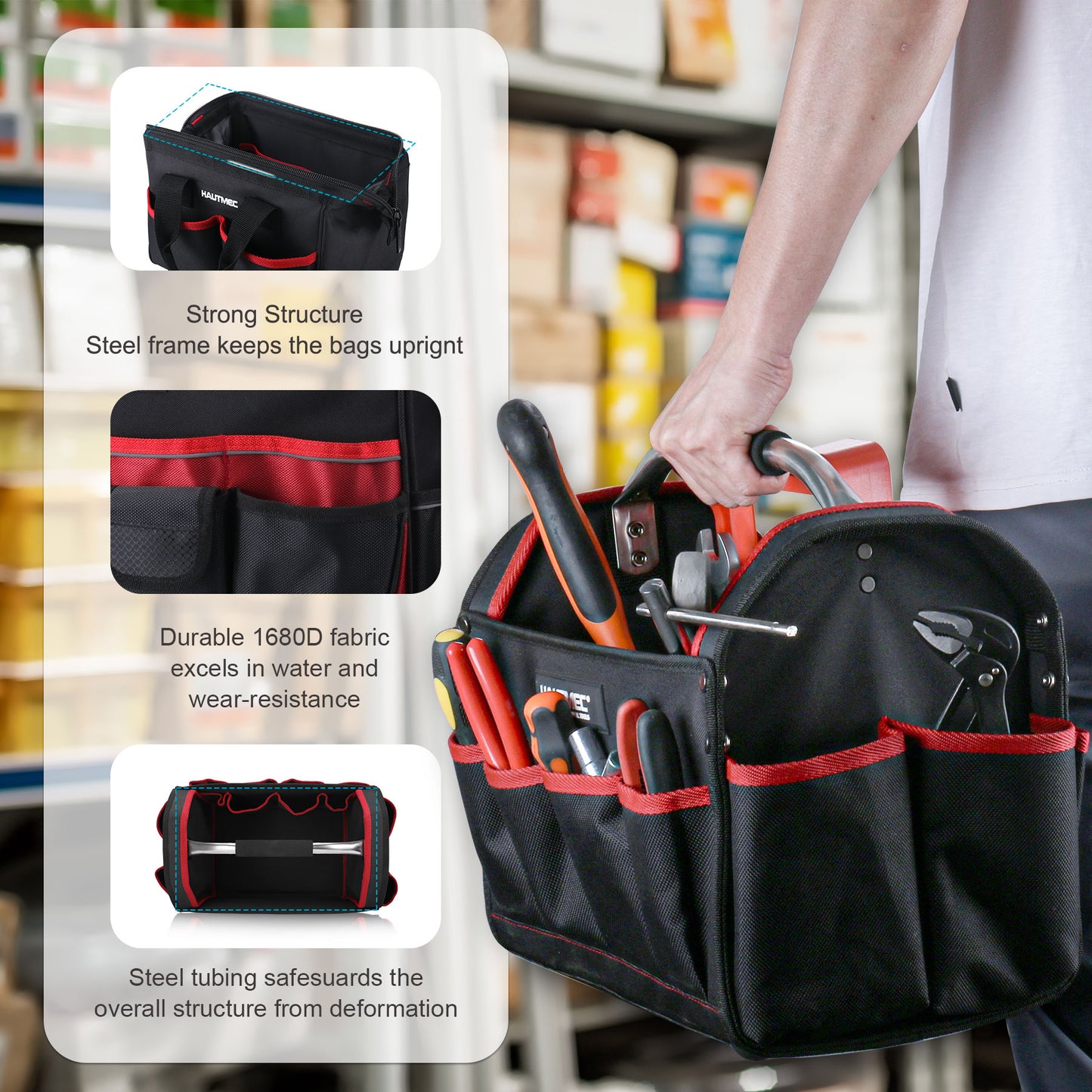 HAUTMEC 3PCS Tool Organizer Set, 18” Waterproof Tool Bag with Wheels,15” Electrician Tool Tote and 12” Wide Mouth Tool Bag 1680D Professional Heavy Duty and Portable Rolling Tool Bag HT0287-TB