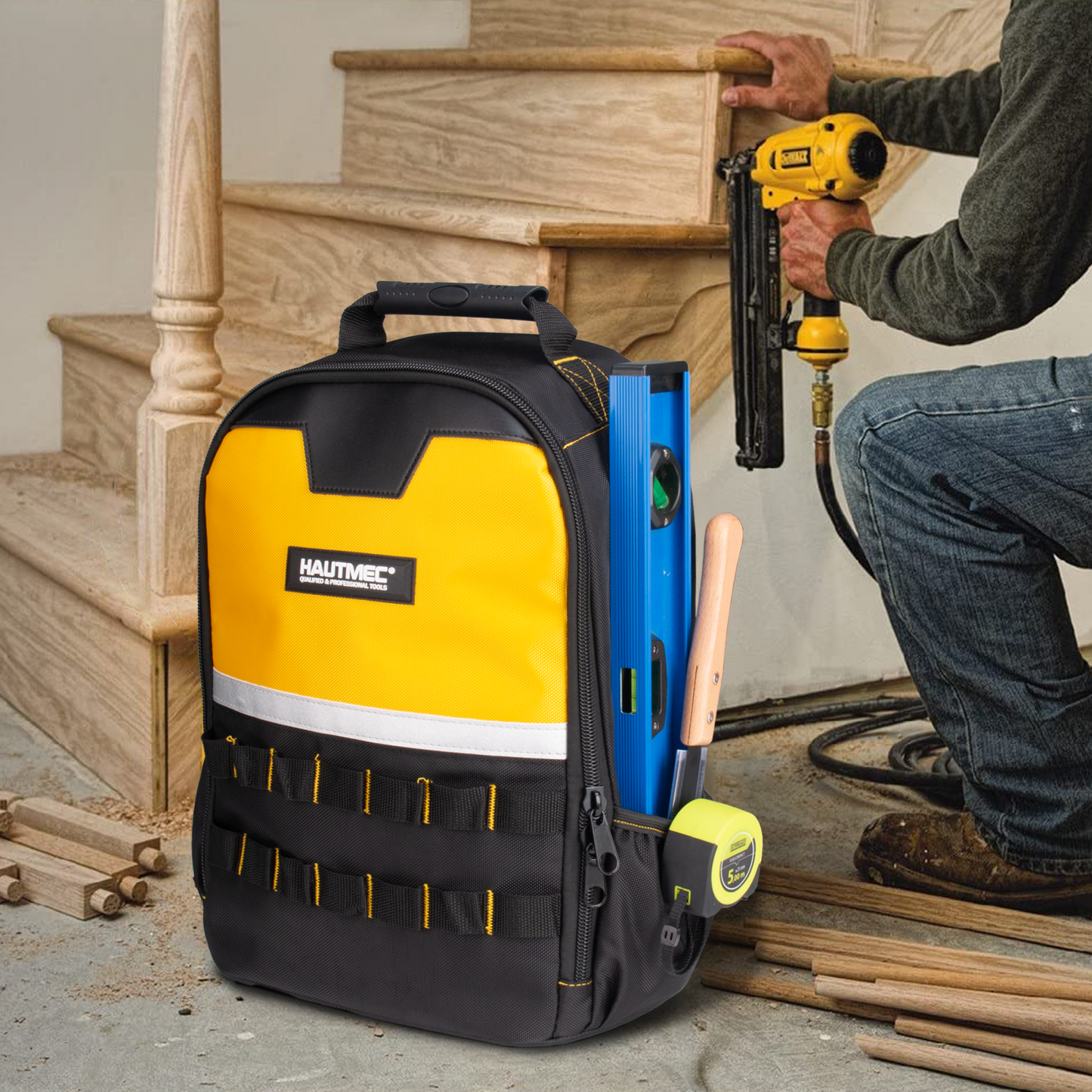 HAUTMEC Tool Backpack with Laptop Compartment, Heavy-Duty 1680D Oxford Tool Bag with Reinforced Base, 11 Pockets, Padded Straps, Portable Tool Organizer for Technicians, Contractors – HTTBM25058