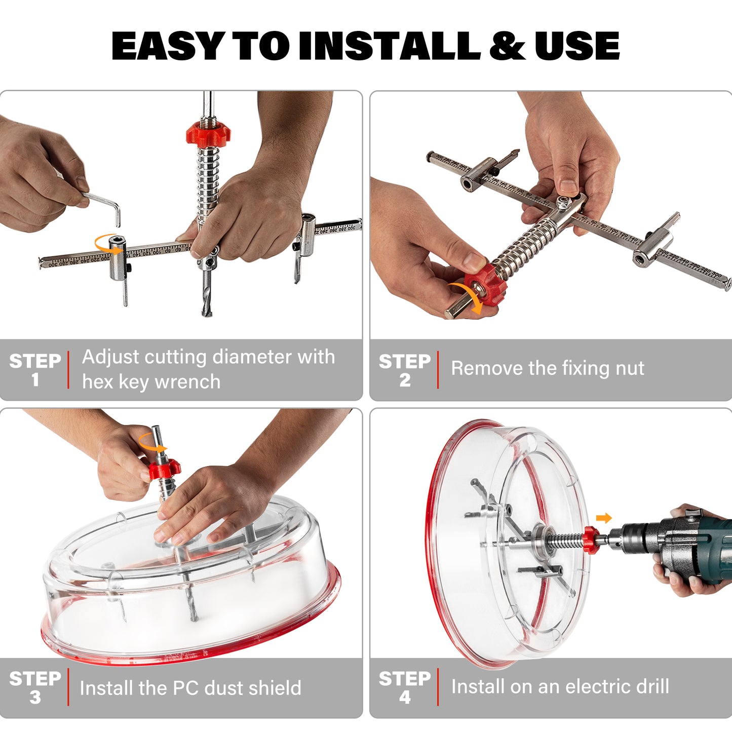 HAUTMEC Adjustable Hole Saw Cutter Kit, 1.6"–11.8"(40–300mm) Large Size, Heavy-Duty Bi-Metal Hole Cutter with PC Dust Shield, Adjustable Arbor & Pilot Bit for Wood, Plastic, Drywall – HTHOH25014