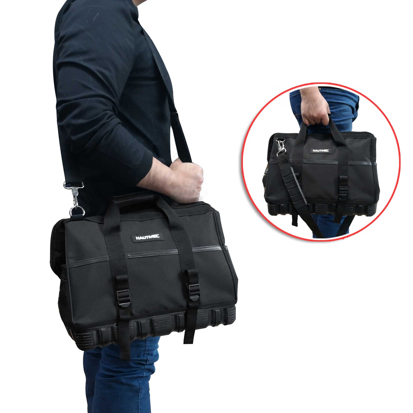 HAUTMEC 16-inch Heavy Duty Wide Open Mouth Tool Bag, Shoulder Organizer Bag with Water-Proof Molded Base, Double 600D Fabric, Black, HT0096-TB
