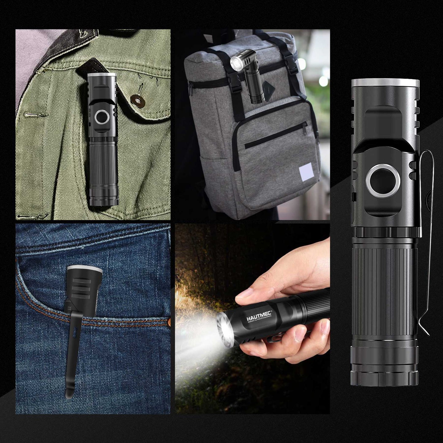 HAUTMEC Rechargeable LED Flashlights 500 High Lumens Super Bright Magnetic Flashlight Waterproof Mini Flashlight 3 Modes Handheld Small Flashlights Powerful for Camping, Outdoor, Hiking, 2 Pack HT0092-WL -2PC