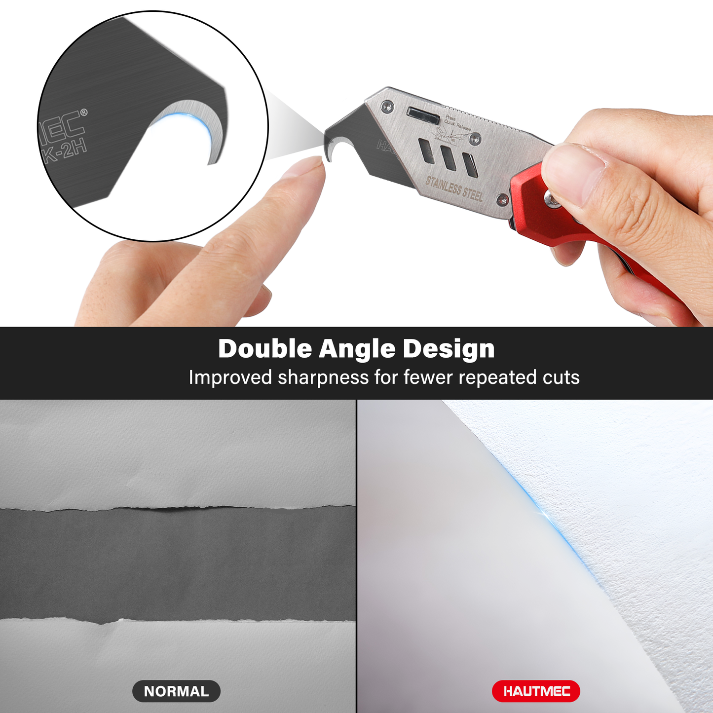 HAUTMEC Utility Knife Hook Blades, 10-Pack SK2H Steel Razor Blades with Innovative Safety Dispenser, Standard Size Replacement Blade for Heavy-duty Material Cutting – HTUBH25010