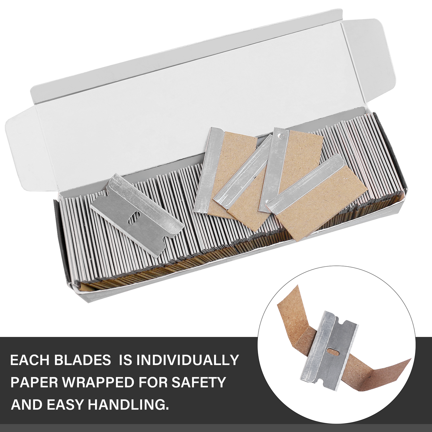 HAUTMEC 100 Pack Single Edge Razor Blades, Heavy Duty Edge Blades, Ultra Sharp, Rust-Resistant,Industrial & DIY Use, Fits most Standard Scraper & Utility Knife, for Removing Decals, Stickers HTPBM25029