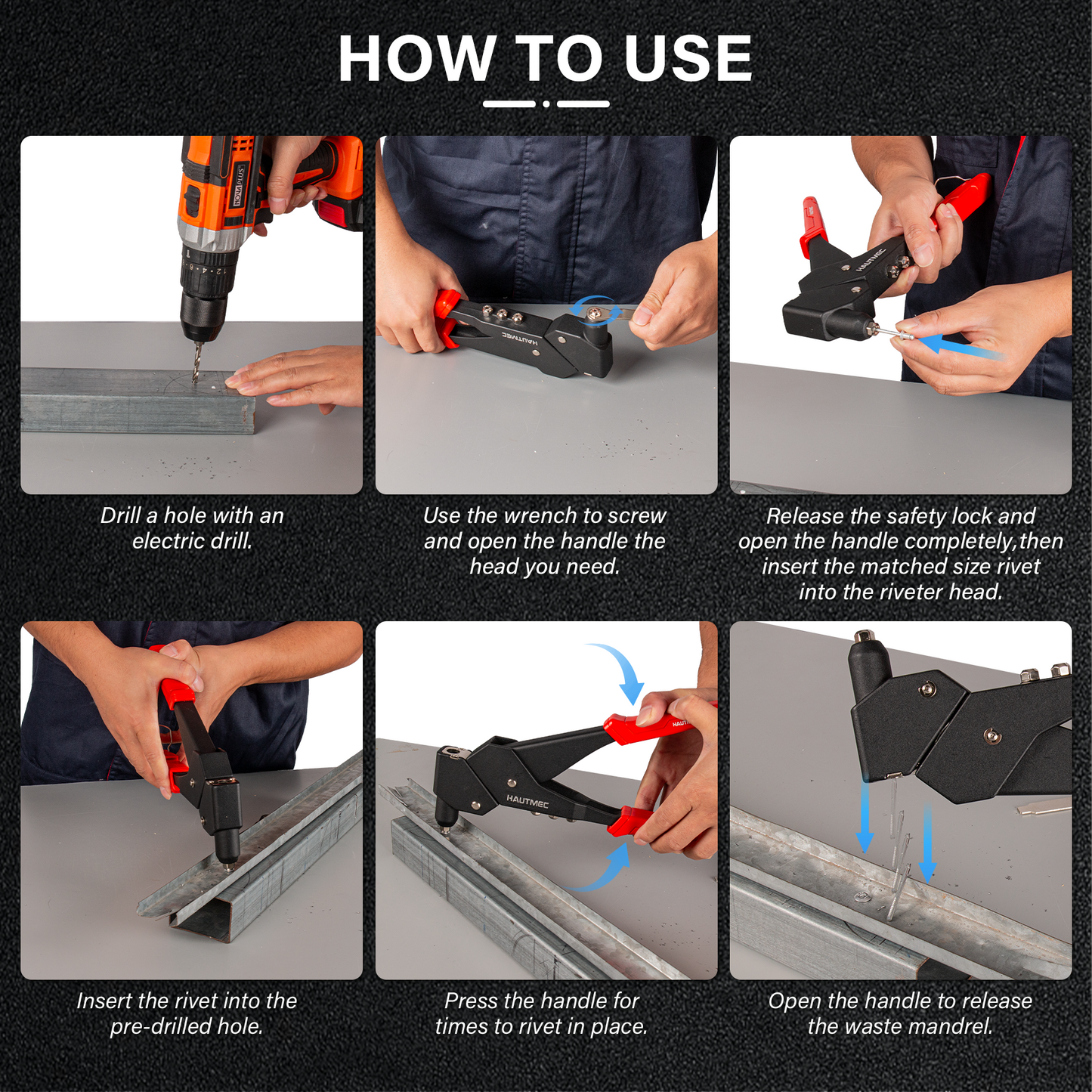HAUTMEC 360° Swivel Head Rivet Gun with 120 Rivets 3/32"(2.4mm) 1/8"(3.2mm) 5/32"(4.0mm) 3/16"(4.8mm) and 4 Manual Interchangeable Rivet Heads HTRTM25062