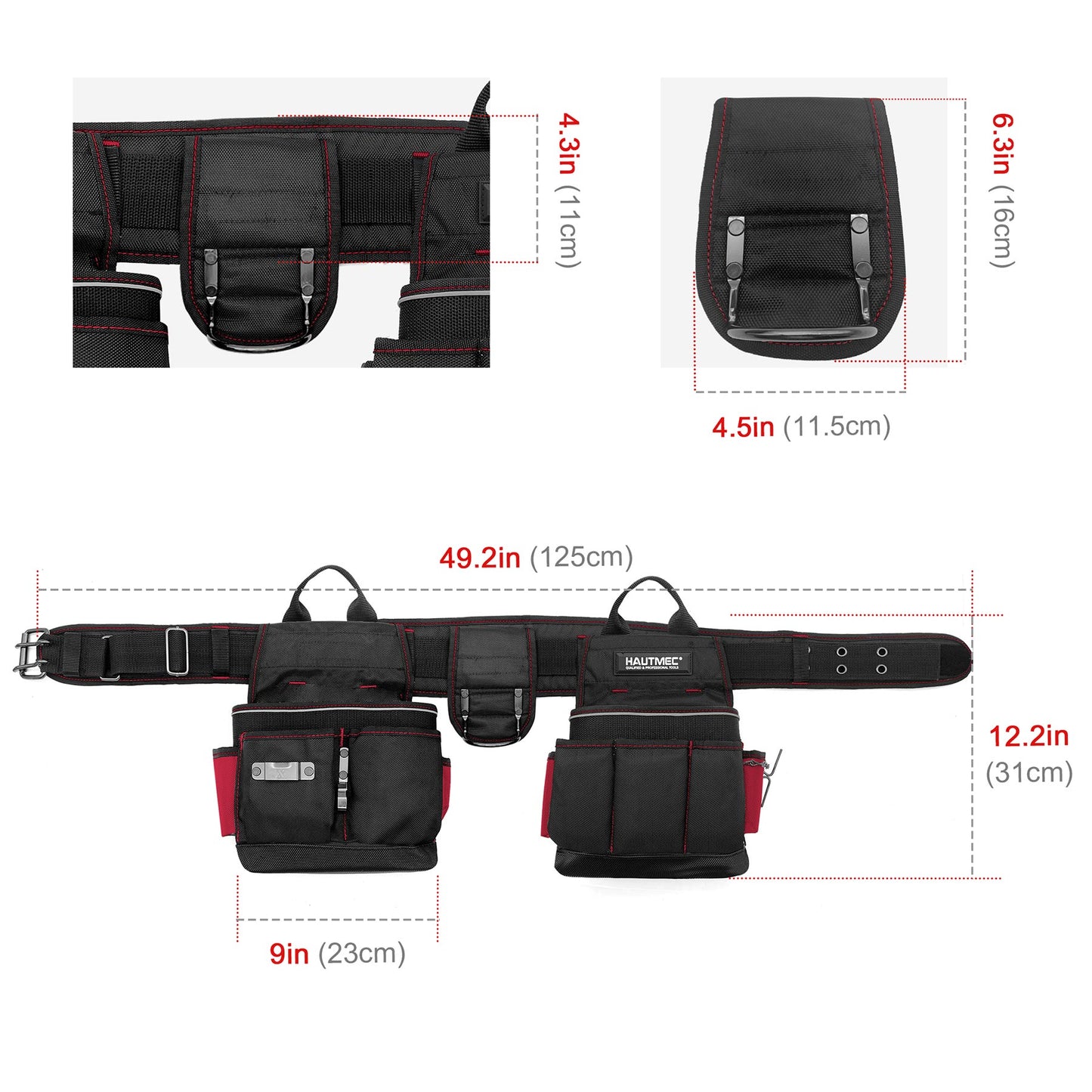 HAUTMEC Adjustable Electricians Work Belt, 20-pocket 3-in-1 Ventilated Work Belt, Heavy Duty Combo Tool Belt, Detachable Padded 1680-Denier Tool Pouch Bag (Fits Large 37-42 Inch Waist) HT0177-TB