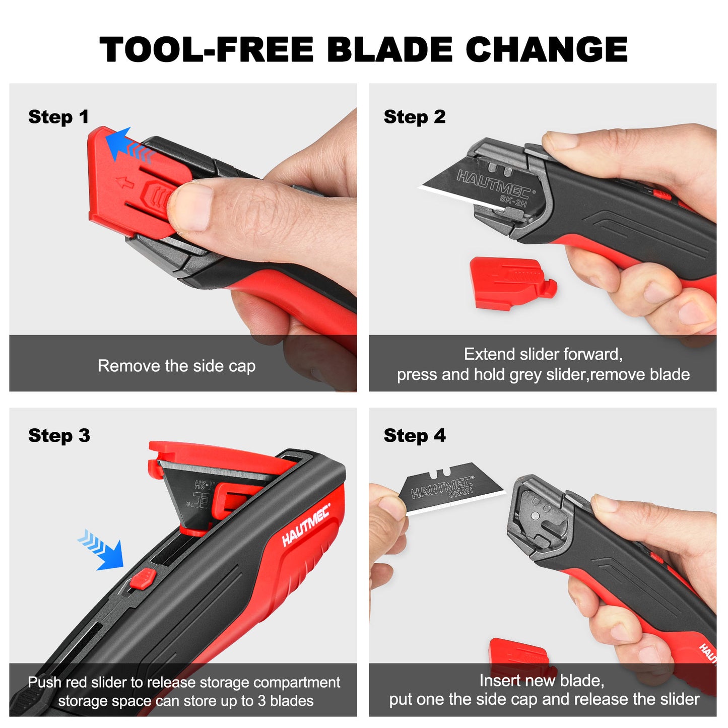 HAUTMEC Safety Self Retractable Utility Knife, Professional Heavy Duty Box Cutter With Extra 3 Black Sk2H Blades, Tool-free Blade Change, Safety Knife for Work HT0414-KN