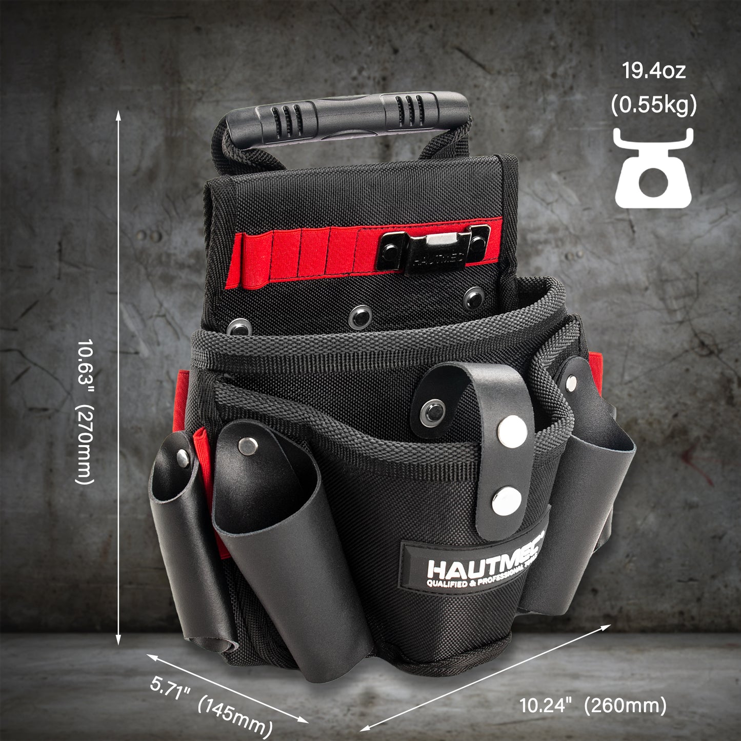 HAUTMEC Heavy-Duty Tool Pouch with Drill Holster, 1680D Tool Bag for Belt with Rubber Handle, 2 Main Compartments, 4 Leather Pockets, 11 Elastic Loops, Tape Measure Holder  – HT0410