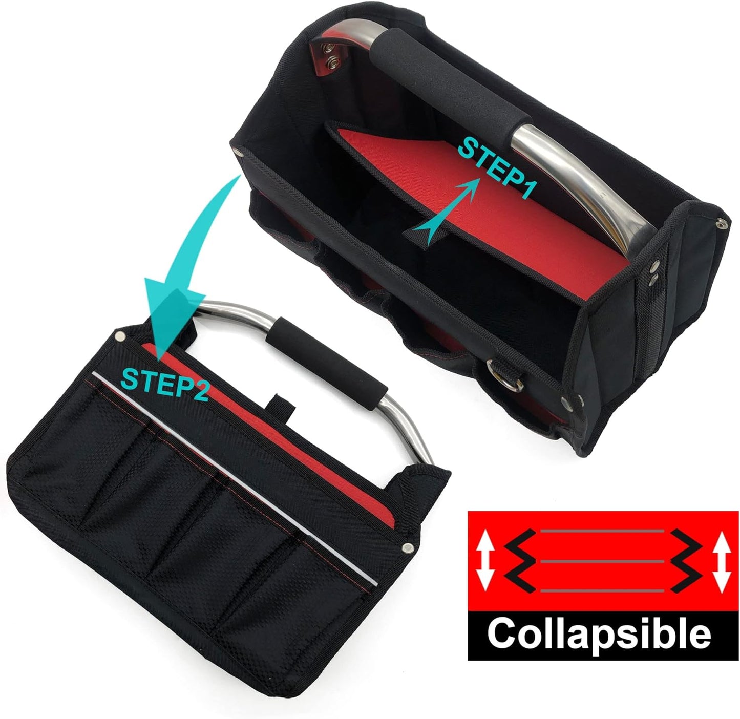 HAUTMEC Pro Collapsible 13-Inch Wide Mouth Open Top Tool Tote Bag, Stiff Frame Open Top Tool Carrier HT0173