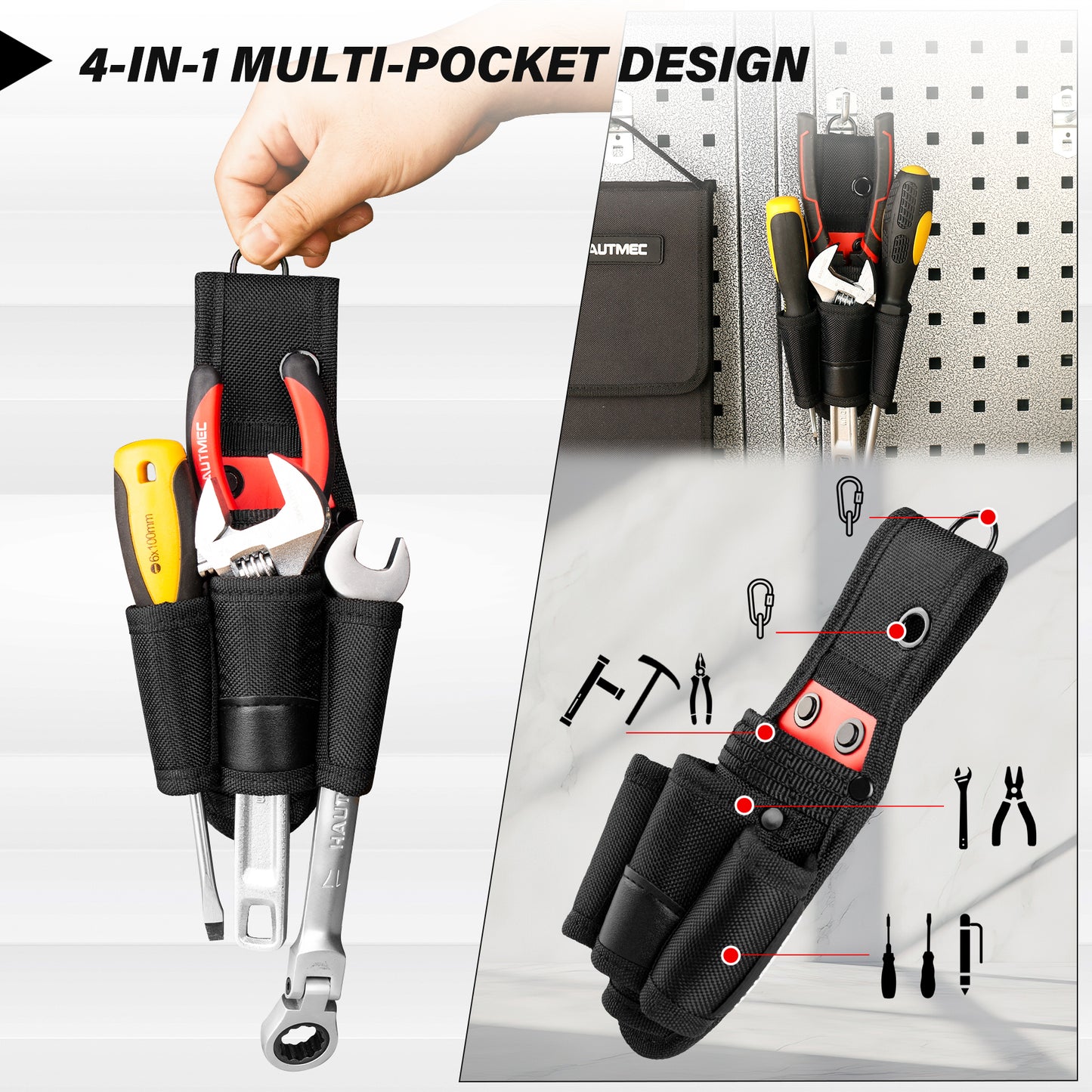 HAUTMEC Small Tool Pouch Bag with Belt Clip, 4-in-1 Tool Holster, Heavy Duty 1680D Oxford Fabric, Fits Up to 2-3/4" Belts, Quick Access Wrench & Screwdriver Holder – HTTBH25030