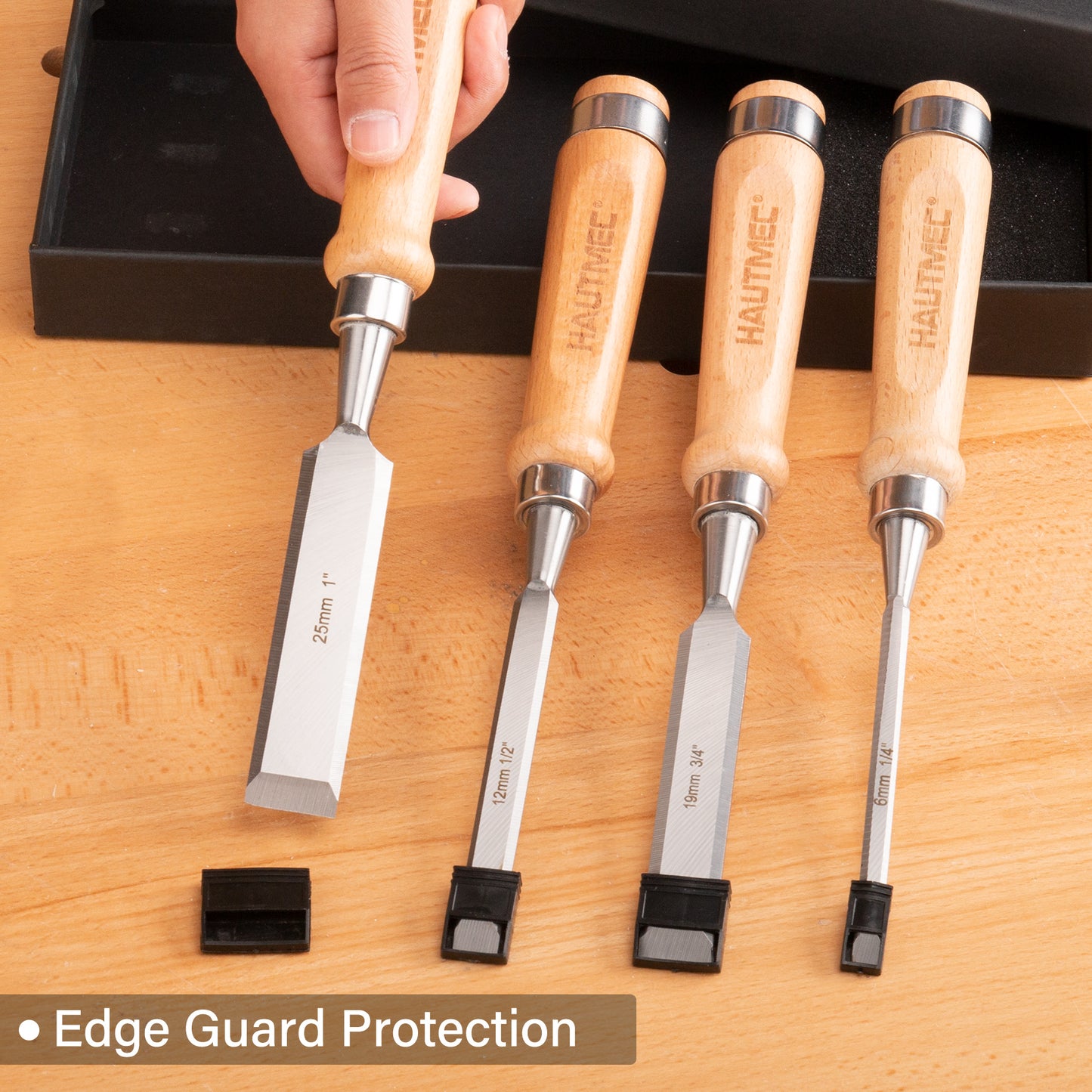 HAUTMEC 4PCS Wood Chisel Set for Woodworking, Carpentry Carving Tool with Bevel Edged Steel Blade, High Impact Handle for Woodcutting Sharpening HT0235-WW