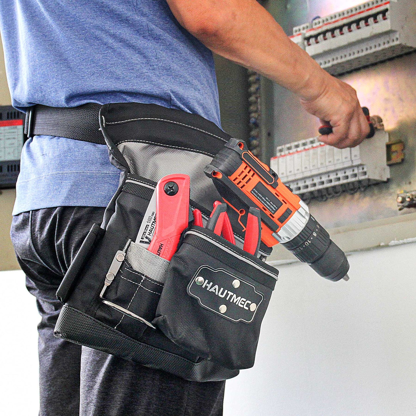 HAUTMEC Maintenance and Electrician Tool Pouch, 12-Pocket 1680D Tool Belt Pouch, Combo Tool Belt with Waist Strap Hammer Holder and 360° Reflective Strips HT0220-TB