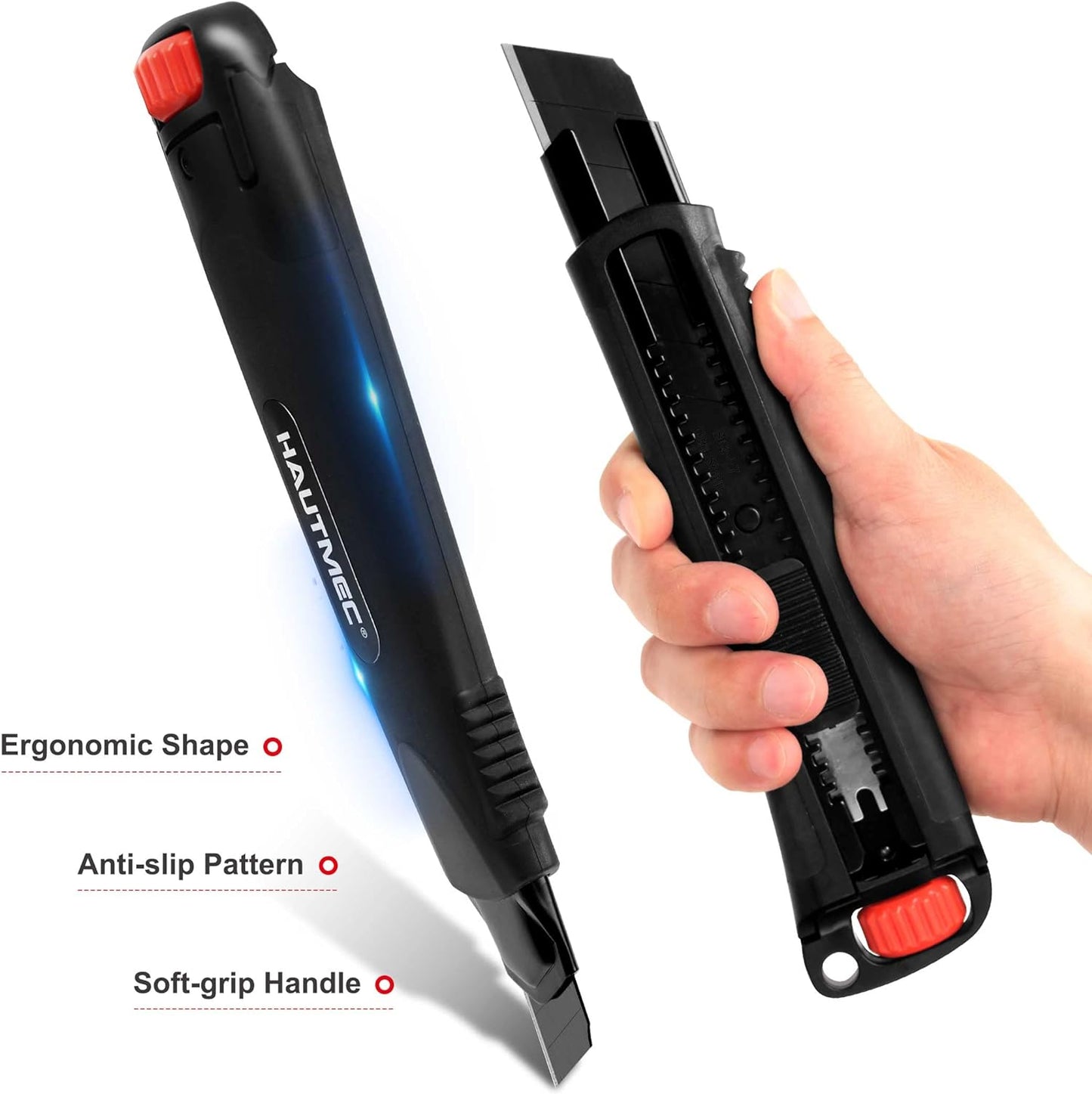 HAUTMEC 25mm Extra Heavy Duty Utility Knife with Double Lock Mechanism, Auto-Lock and Ratchet- Lock for Double Safety, SK2 Sharp Black Blade for Industrial or Construction Applications HT0254-KN